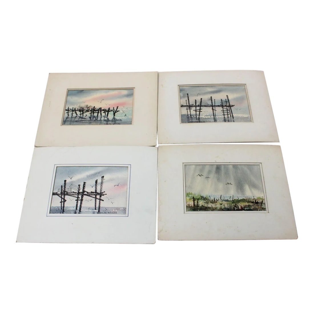 Set of Four Plein-Air Seascape Watercolors by Stanley C. Brodey: Set of four plein-art watercolors by New York artist, Stanley C. Brodey (1920 - 2001, Long Island, New York). Brodey drew inspiration from his native Long Island scenery, capturing the shoreline,