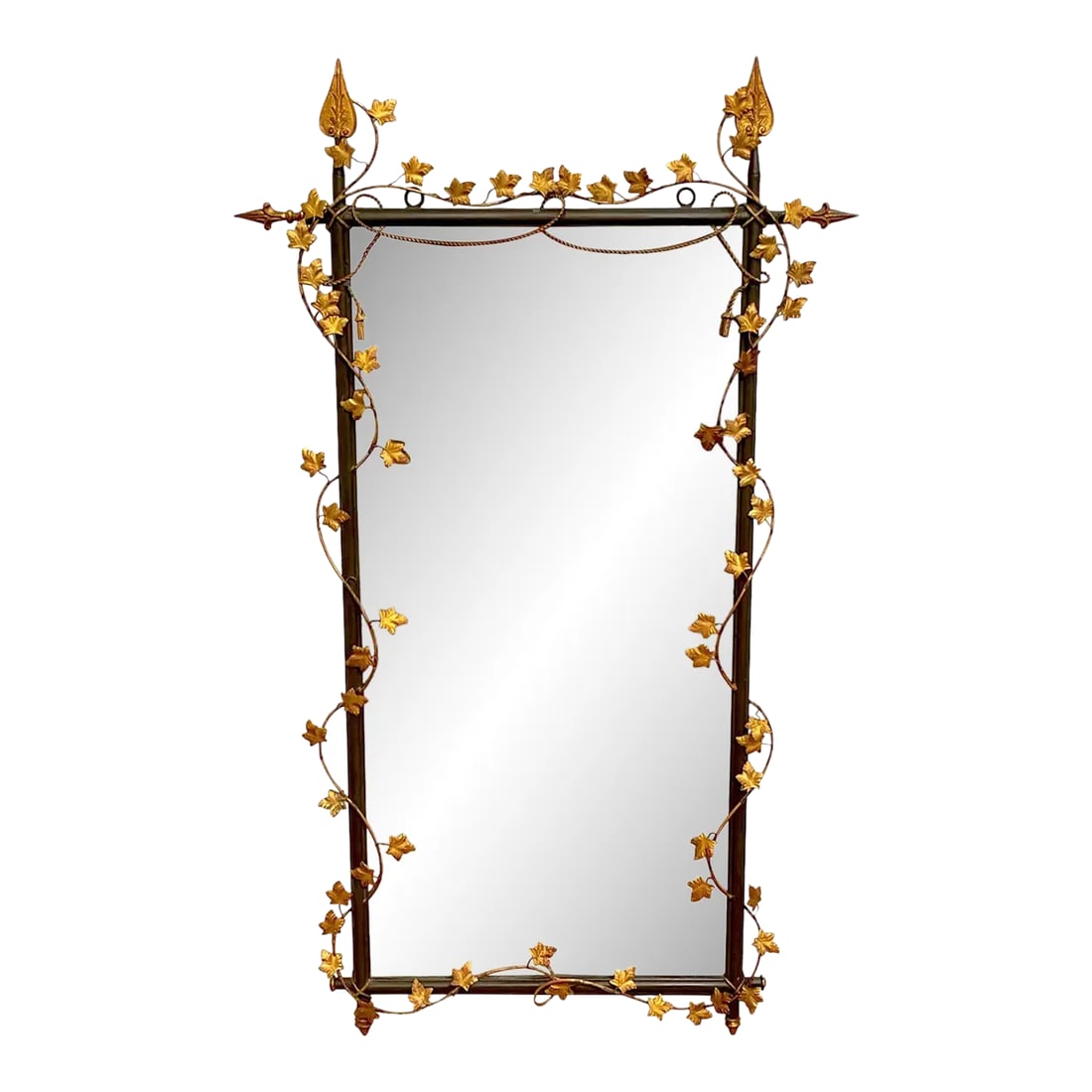 Mid 20th Century Italian Gilt & Polychromed Neoclassical Tole Trellis & Vine Motif Mirror: Italian Gilt & Polychromed Neoclassical Tole Trellis & Vine Motif Mirror Of fine proportions, the verdigris arrow columns/ trellis with continuous intertwined gilt tole vines and leaves, presenting a