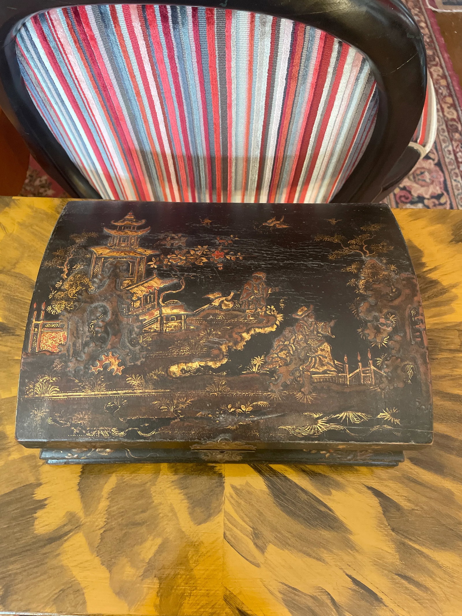 Antique Chinese Export Chinoiserie Black Lacquer Box - 7