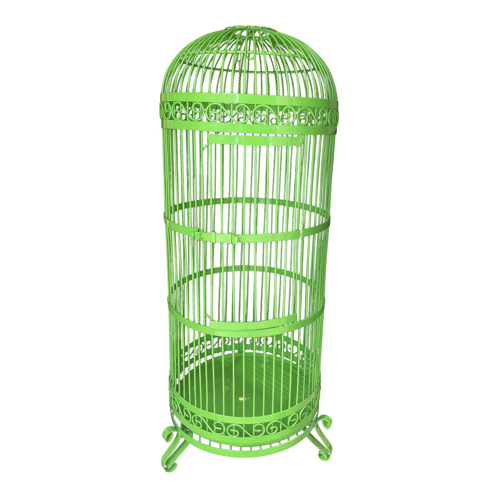 Monumental MidCentury Birdcage: This wonderful birdcage has so many potential uses. It is meant to stand on the floor but can also be suspended from the ceiling. Gorgeous green surface will enhance any room. The cage itself is 24"