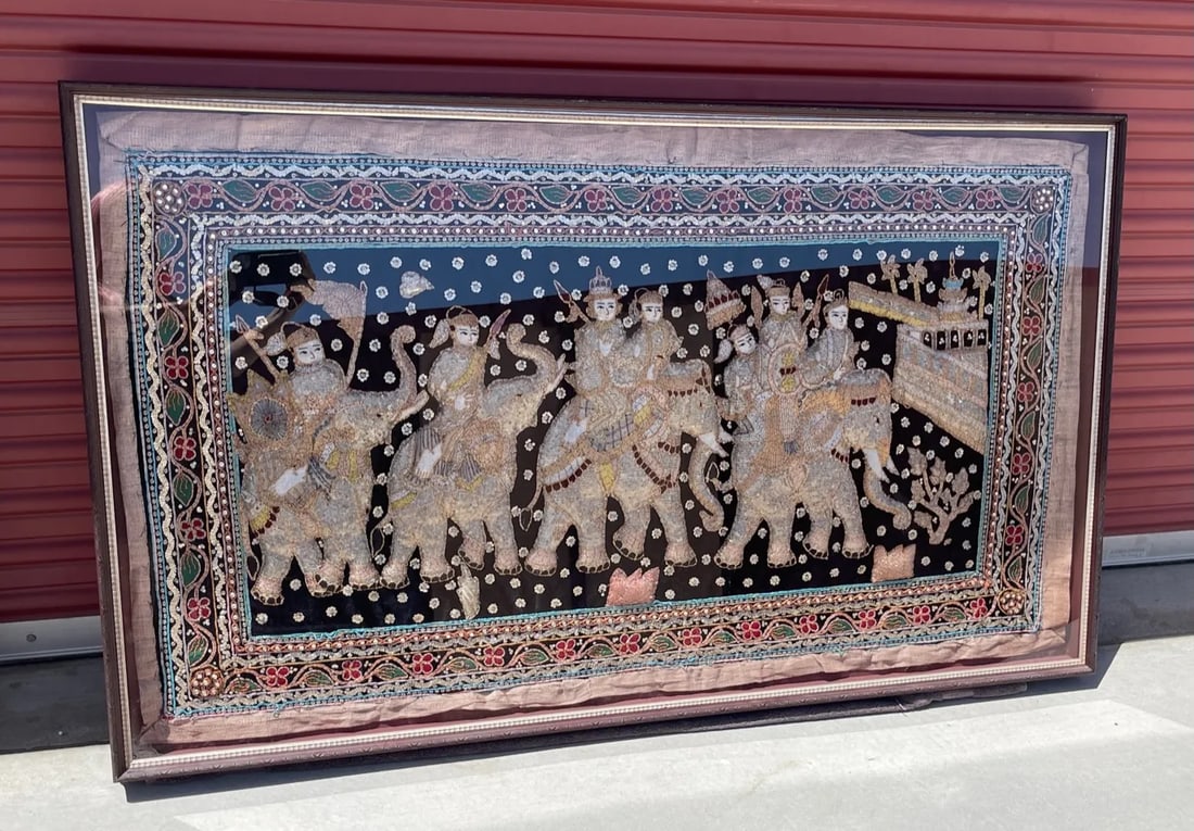 Large Antique Burmese Kalaga Tapestry Framed Wall Art - 11