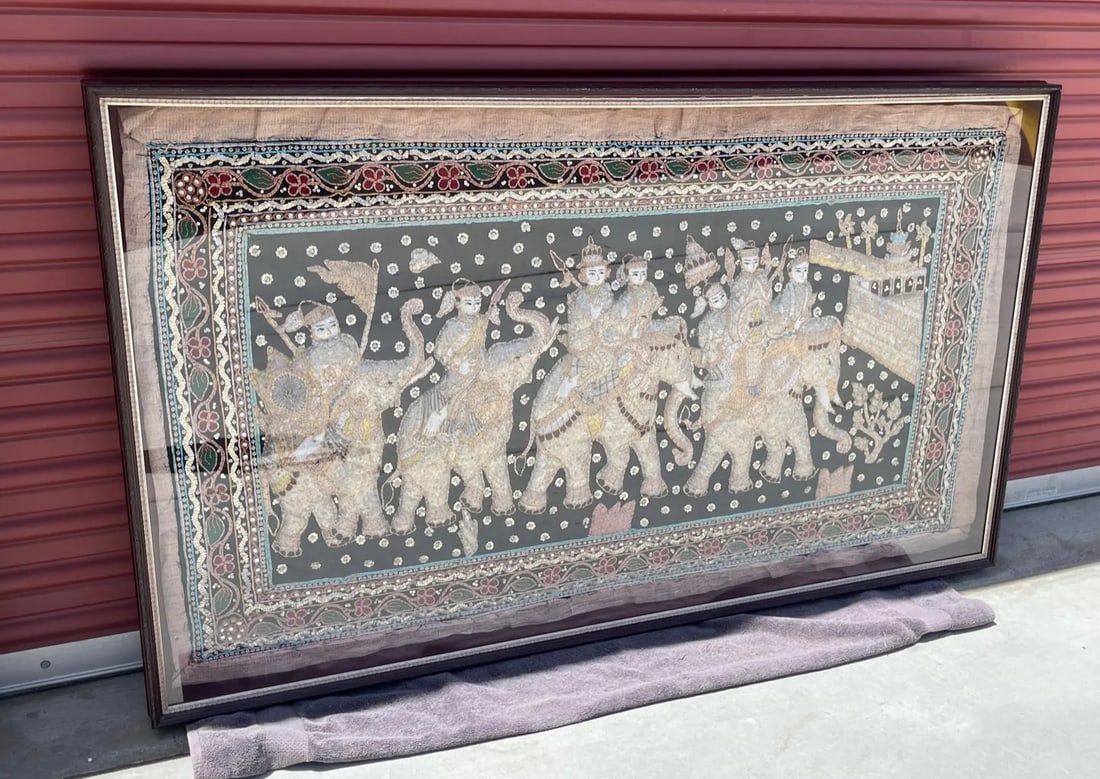 Large Antique Burmese Kalaga Tapestry Framed Wall Art - 3