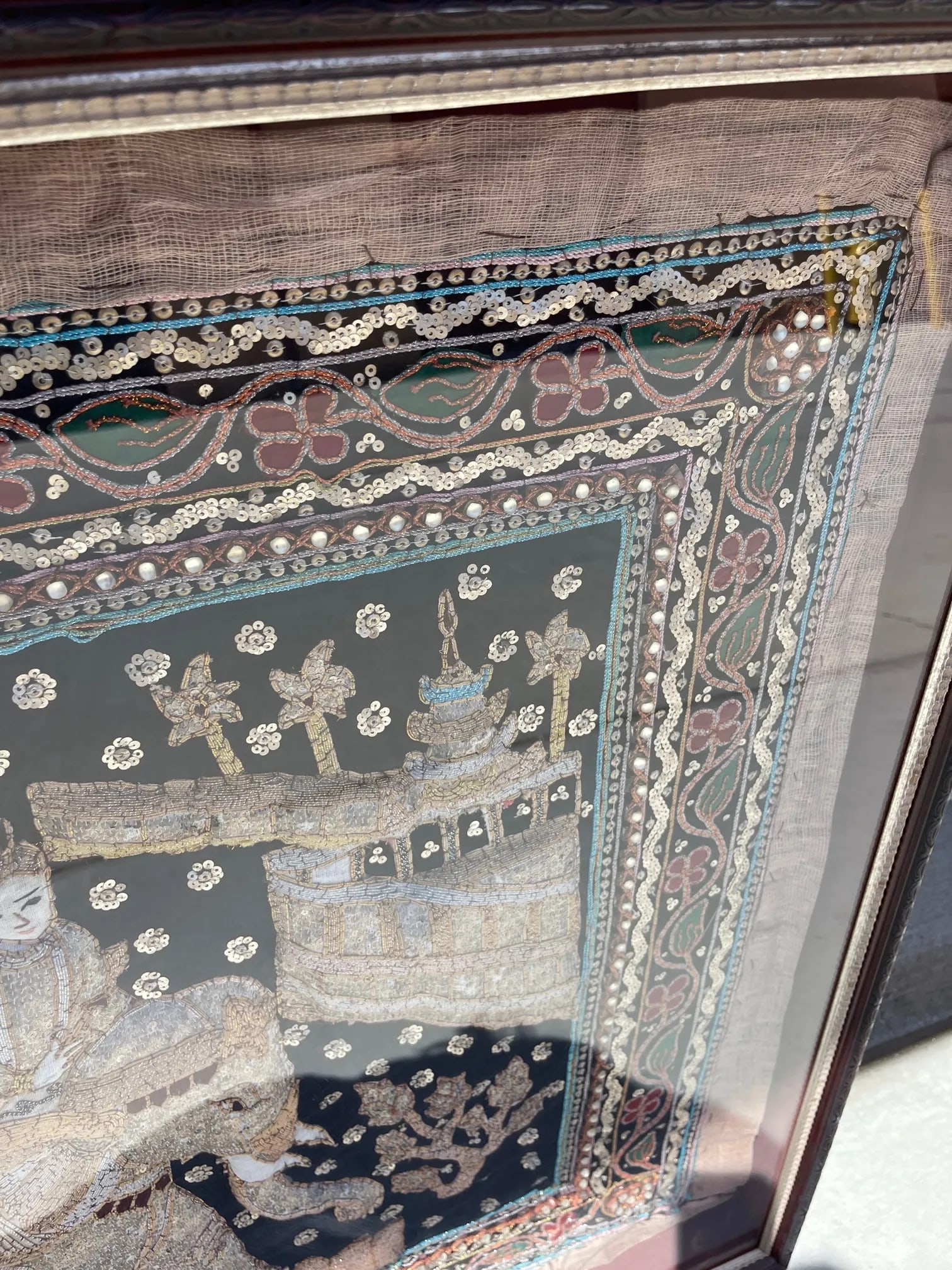 Large Antique Burmese Kalaga Tapestry Framed Wall Art - 6