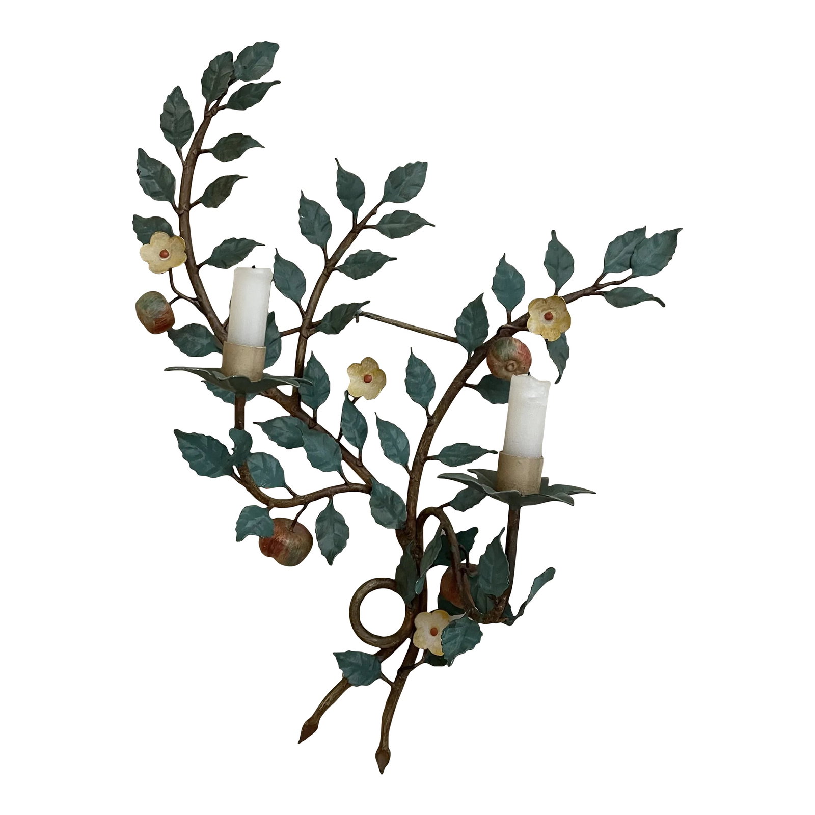 1950s Italian Painted Metal Leaf and Branch Candle Wall Sconce: Channeling Laura Petrie? These Italian candle sconces from the 1950's will do it! They are from the once iconic JL Hudson's department store in Detroit. From color palette to design, these hand-painte