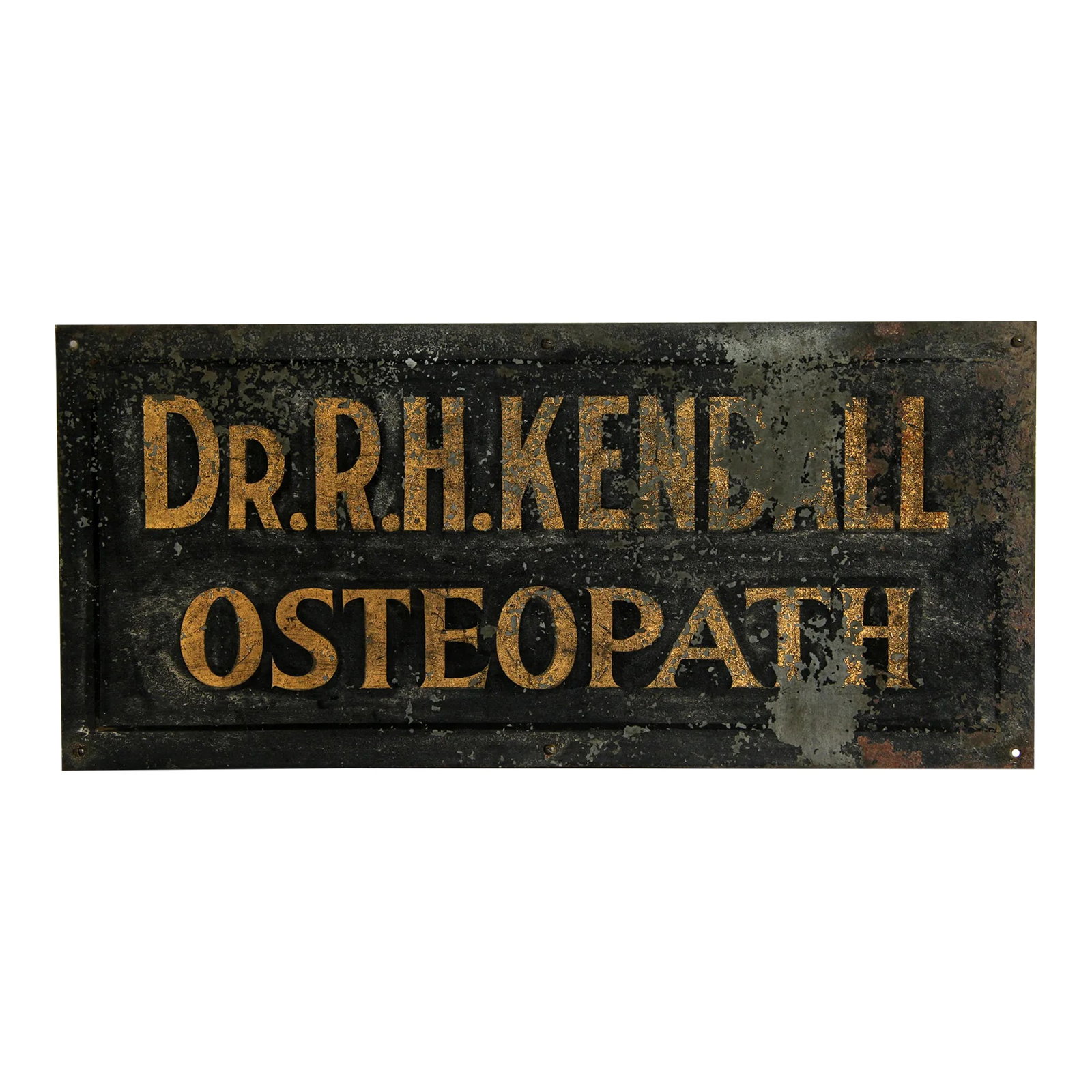 Antique 19th Century Gold Leaf Medical Doctor Architectural Sign: Fabulous antique late 19th century (possibly as late as 1910) architectural salvage sign of Dr. R.H. Kendall, Osteopath! Wonderful piece, great patina, with gold leafing on a black background, hand pa