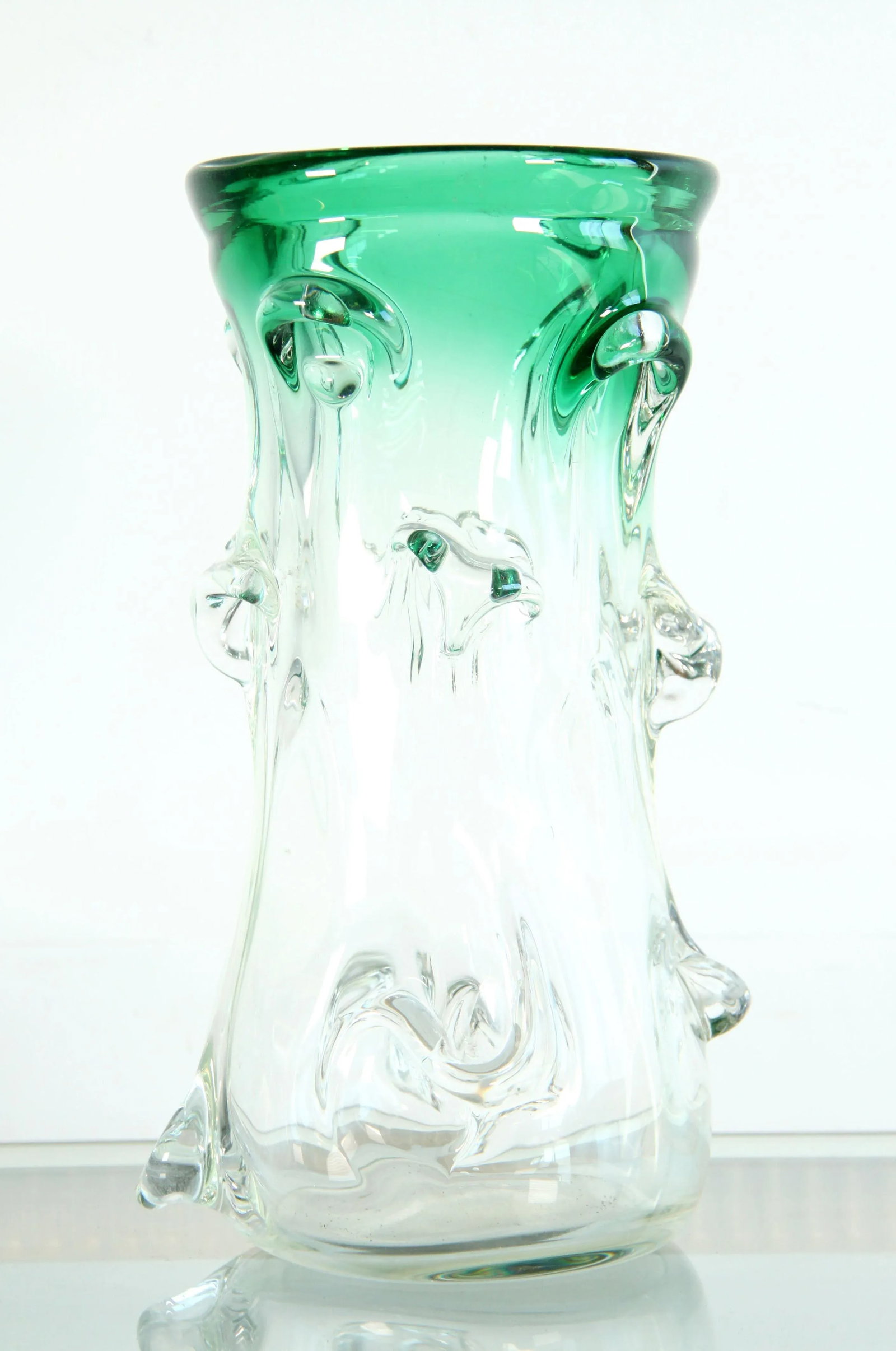 Mid Century Italian Murano Art Glass Green to Clear Brutalist Vase - 13