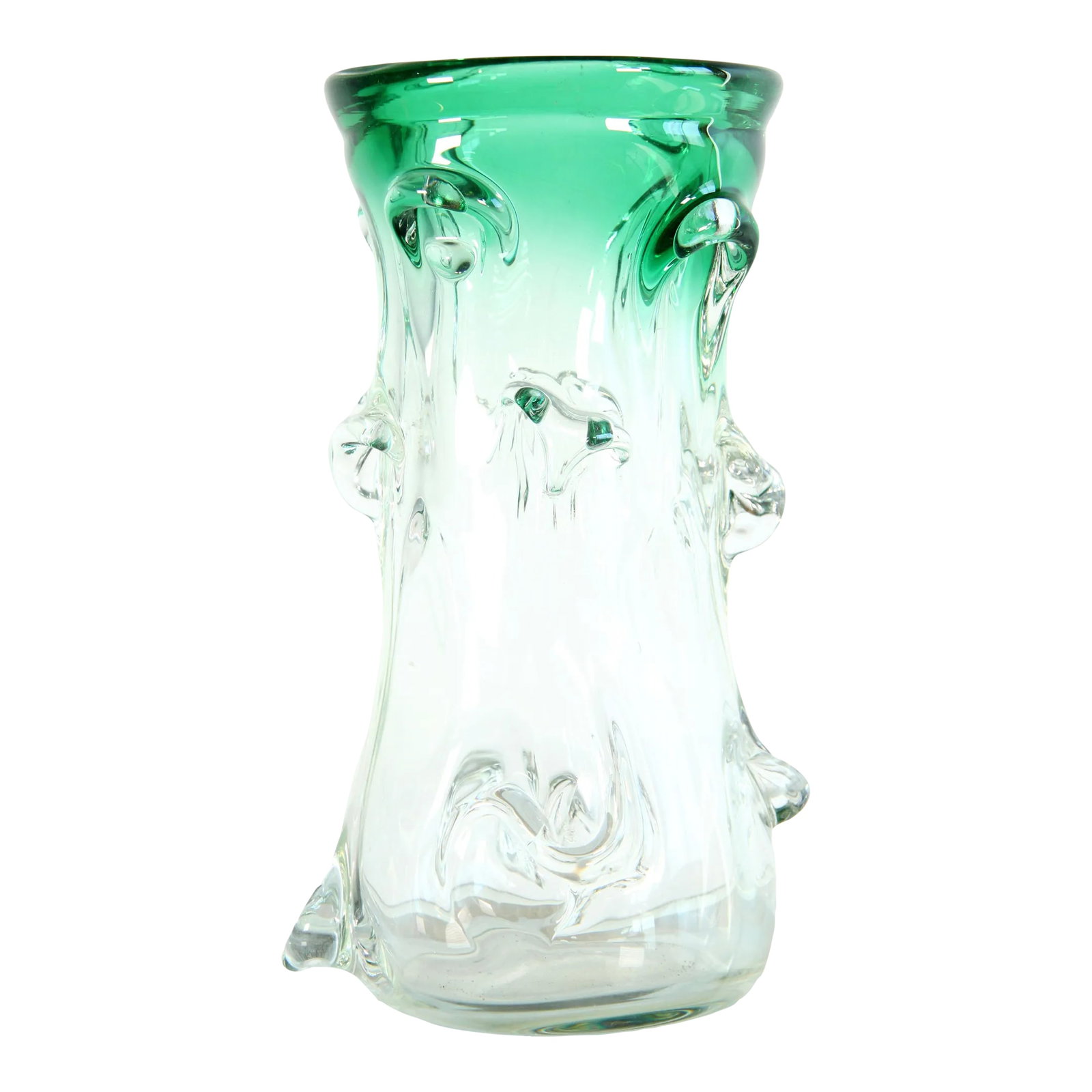 Mid Century Italian Murano Art Glass Green to Clear Brutalist Vase: Here is a stunning vintage c.1950's Murano art glass vase with a heavy, almost brutalist, form factor! It has a deep vibrant green mouth that fades into the clear glass body, with several pinched
