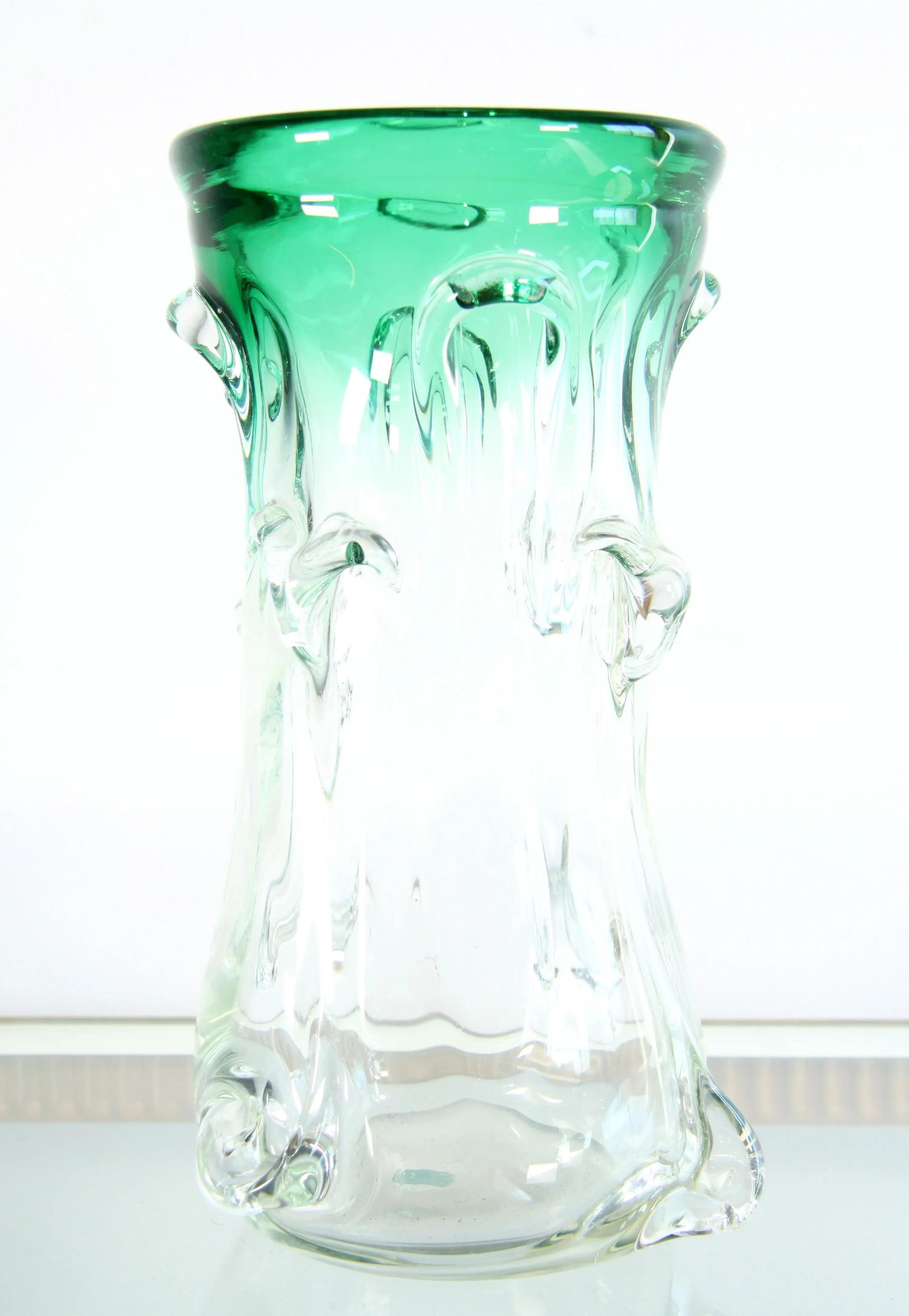 Mid Century Italian Murano Art Glass Green to Clear Brutalist Vase - 2