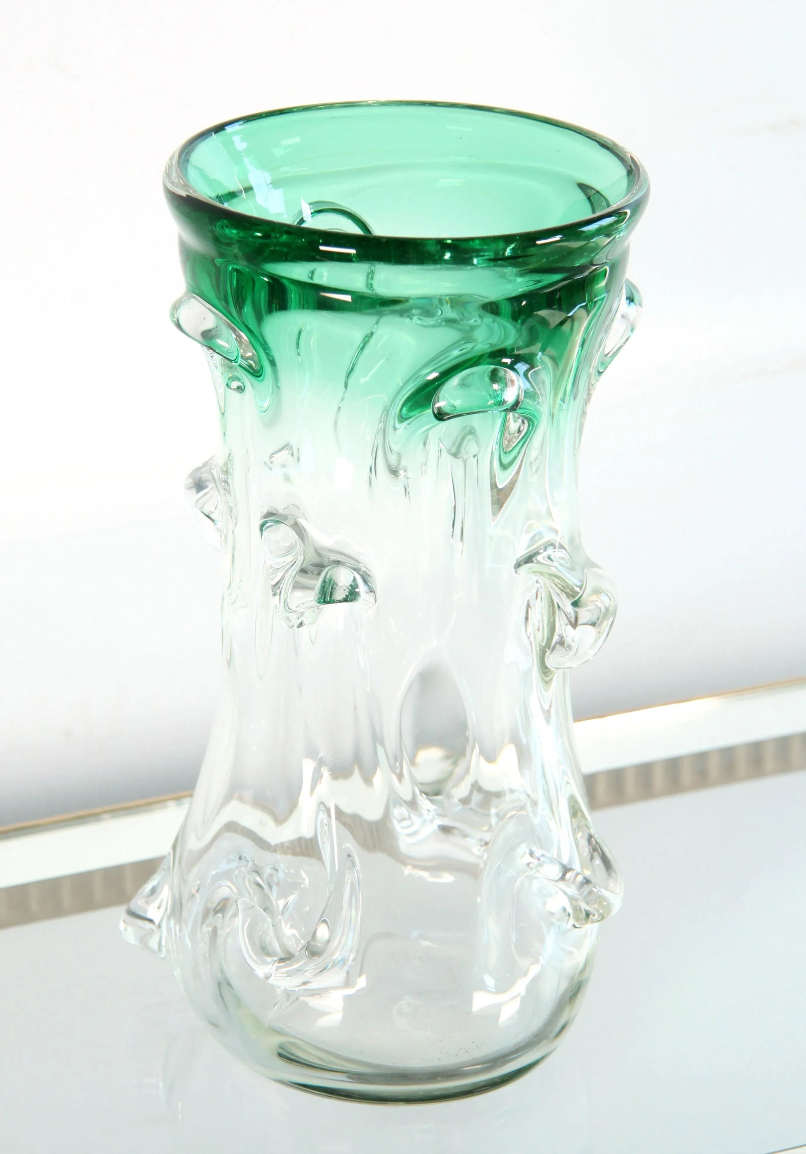 Mid Century Italian Murano Art Glass Green to Clear Brutalist Vase - 4