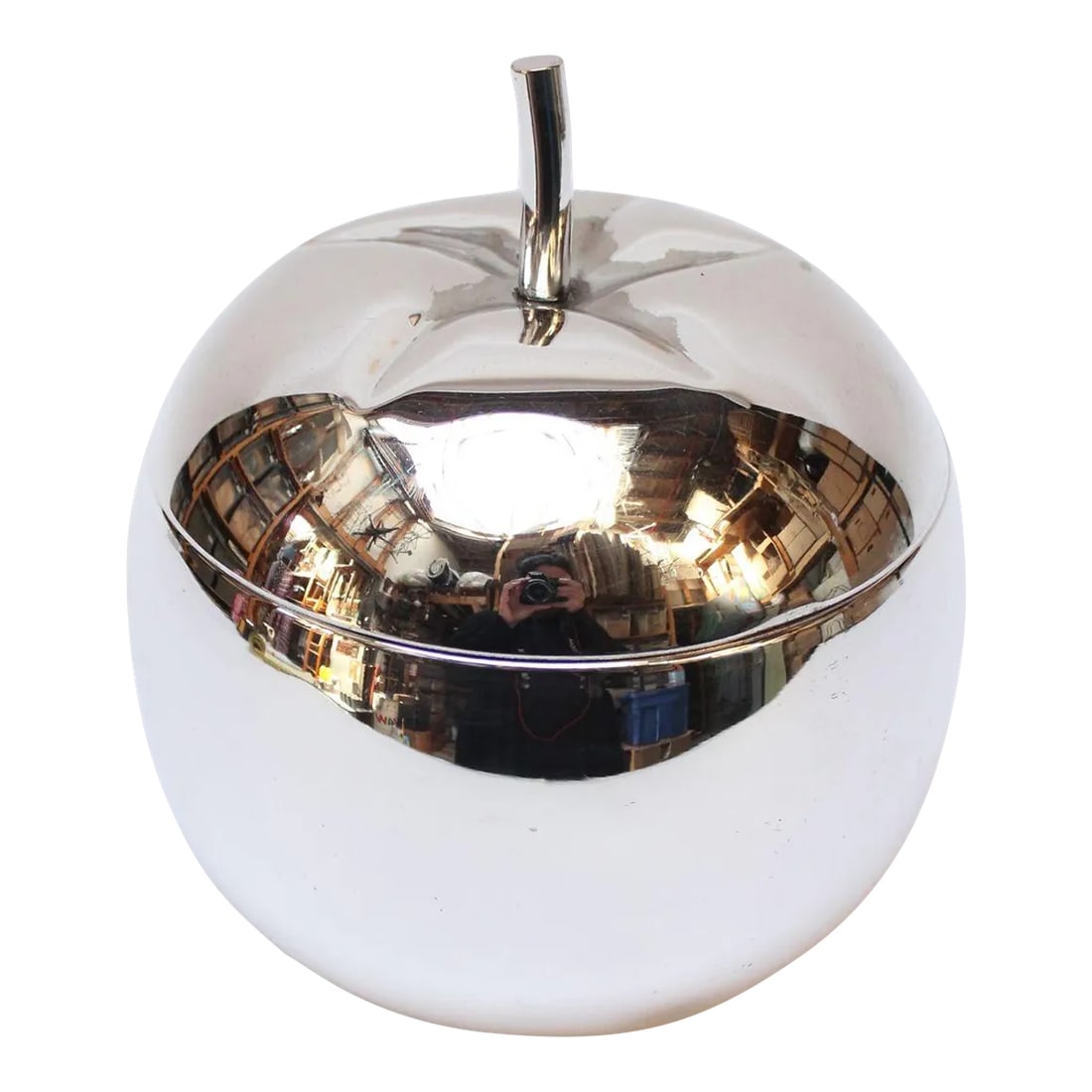 Vintage Italian Silver-Plated "Tomato" Insulated Ice Bucket: Mid-Century Italian Modern "tomato-form" ice bucket with silver plate exterior and cream plastic interior. Features a dense, sculpted stem that serves as the handle for removing the top. Silver has be