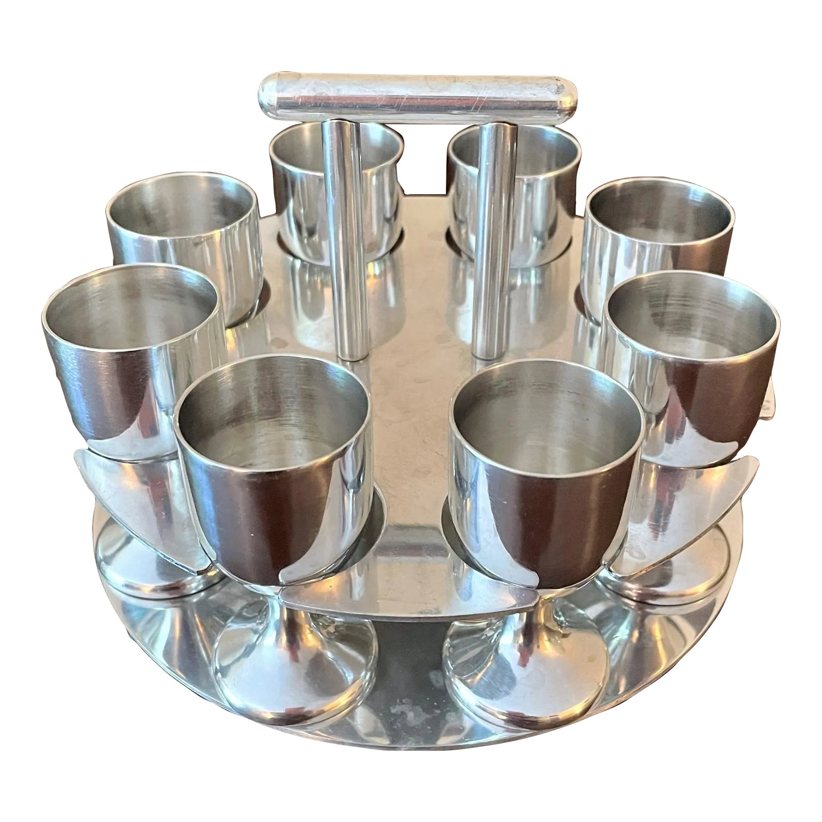 Mid 20th Century Stainless Steel Cordials or Shot Glasses - Set of 8: This set of 8 stainless steel cordials or shot glasses is attributed to Arne Jacobsen, the iconic mid-century Danish architect and designer of the Functionalist Movement. Jacobsen was among the 20th