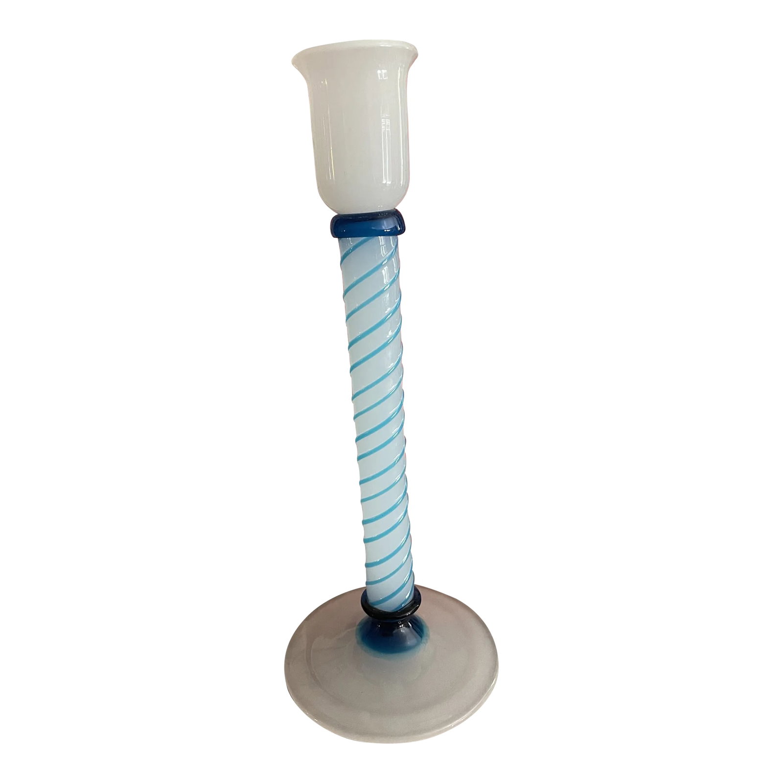 Mid 20th Century Opaque White & Blue Swirl Murano Venetian Glass Candlestick: A lovely example of murano glass from Venice. In perfect shape with a beautiful swirled pattern Condition: Alterations: Original Condition Unaltered Imperfections: Some Imperfections Condition Notes: