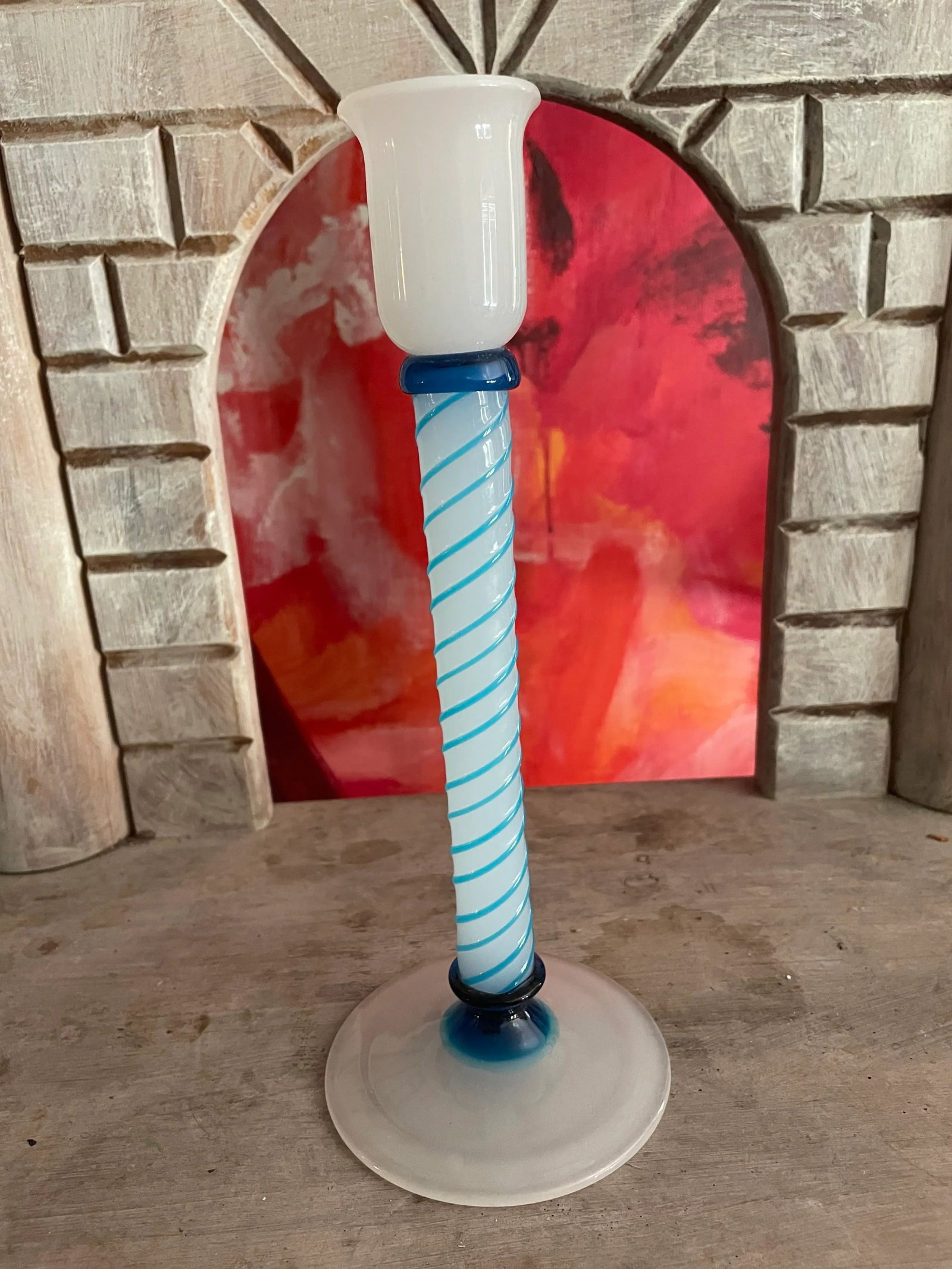 Mid 20th Century Opaque White & Blue Swirl Murano Venetian Glass Candlestick - 7