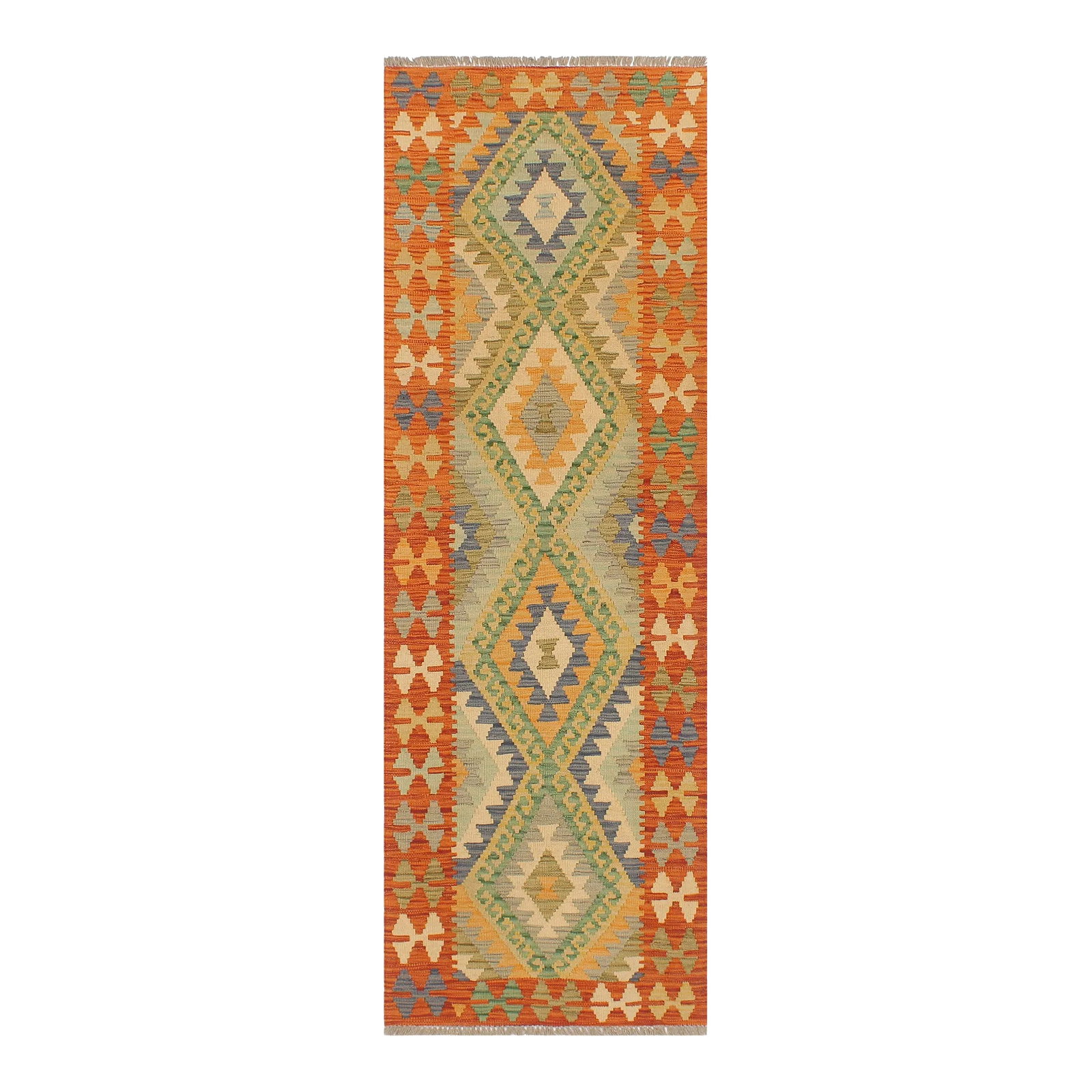 2020s Bohemian Kilim Blue Rust Hand Woven Rug - 2'1" X 6'4": Add a touch of elegance to your home with this casual chic hand woven Tribal Kilim wool rug. Constructed on a loom by Nomad Turkman people with hand spun wool and 100% Natural Vegetable dyes these