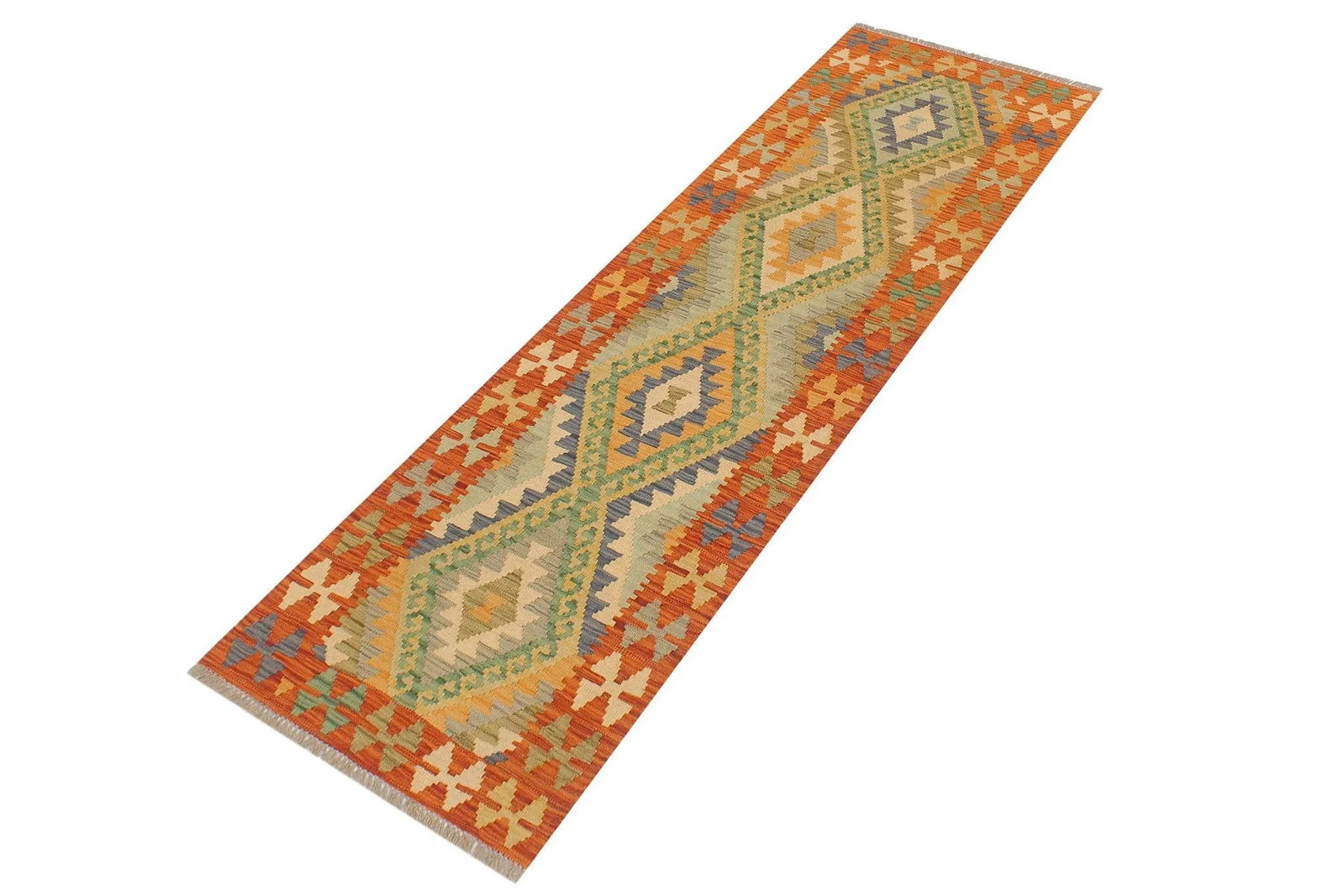 2020s Bohemian Kilim Blue Rust Hand Woven Rug - 2'1" X 6'4" - 2