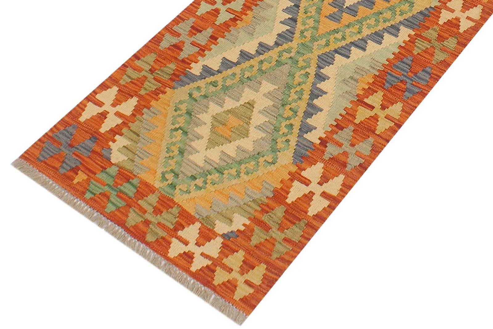 2020s Bohemian Kilim Blue Rust Hand Woven Rug - 2'1" X 6'4" - 3