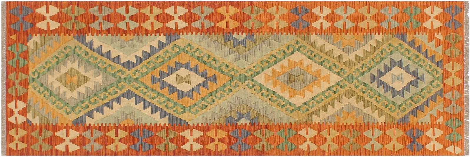 2020s Bohemian Kilim Blue Rust Hand Woven Rug - 2'1" X 6'4" - 8