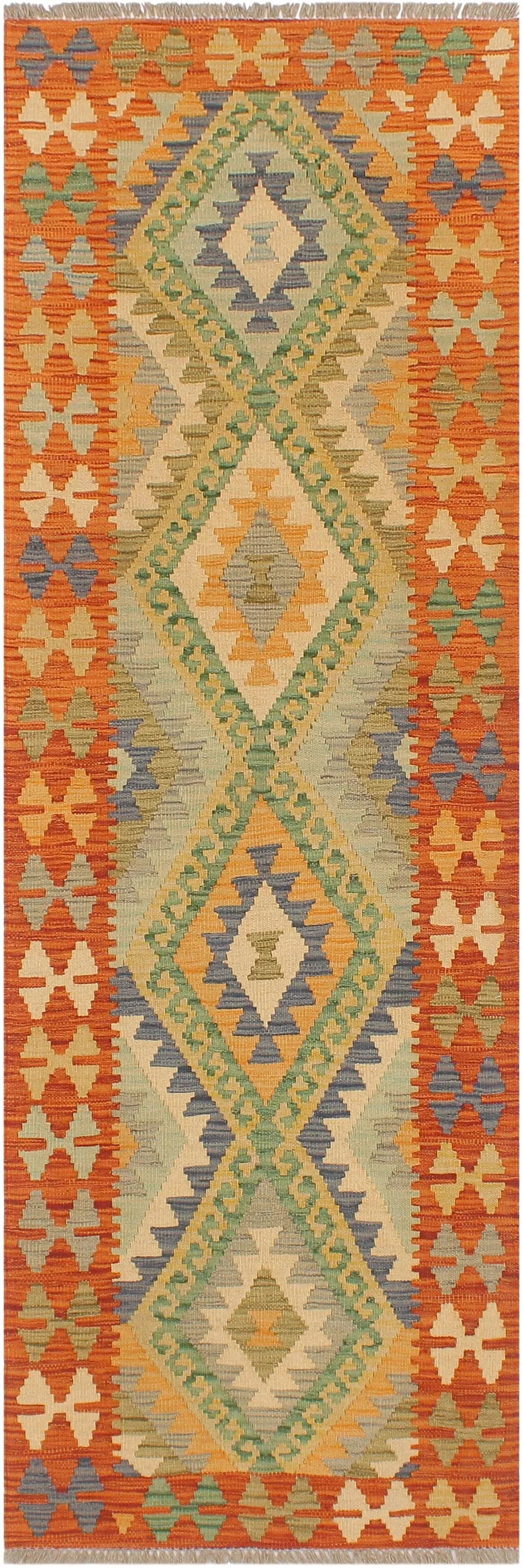 2020s Bohemian Kilim Blue Rust Hand Woven Rug - 2'1" X 6'4" - 9
