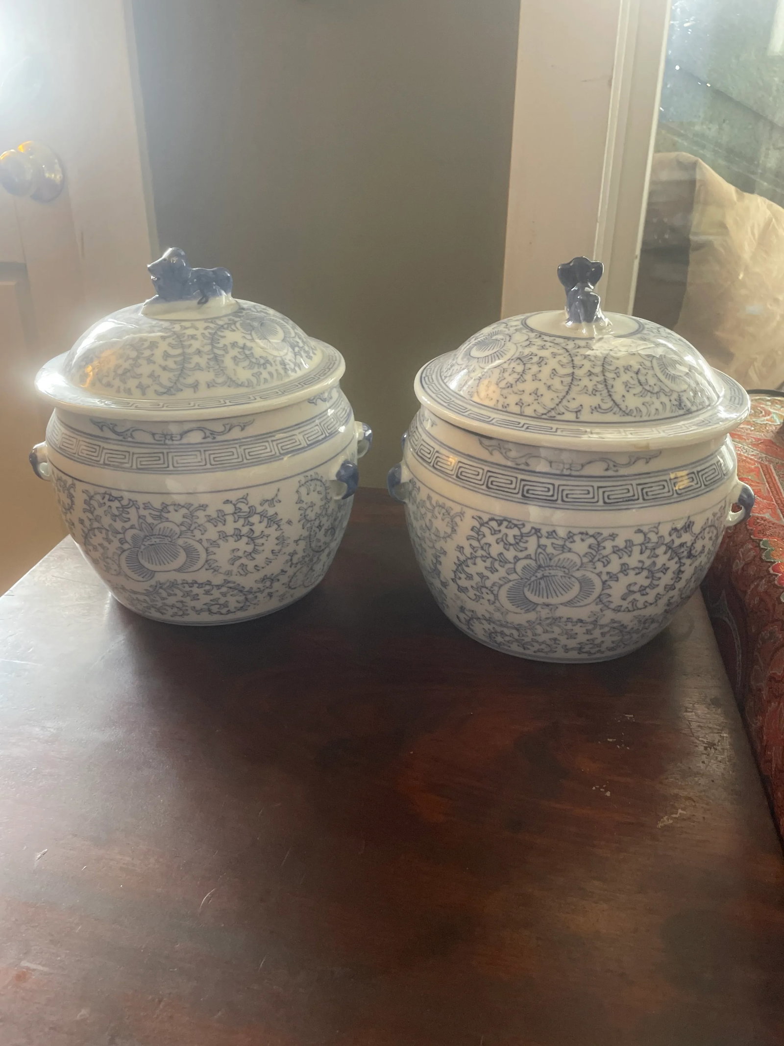 Pair of Vintage Chinese Porcelain Covered Pots With Foo Dog Finials Blue and White - 10