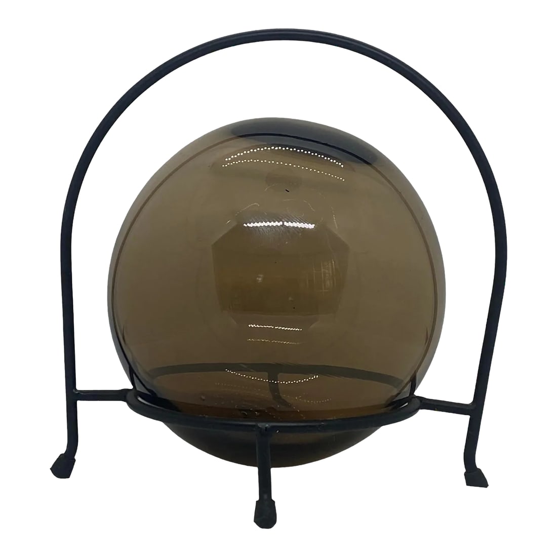 Early 21st Century Decorative Hand Blown Amber Glass Gazing Ball on Black Metal Stand: Decorative Hand Blown Amber Glass Gazing Ball on Black Metal Stand. This lovely piece has a few minor imperfections including one small bubble in the glass and a very few scratches on the ball and sta