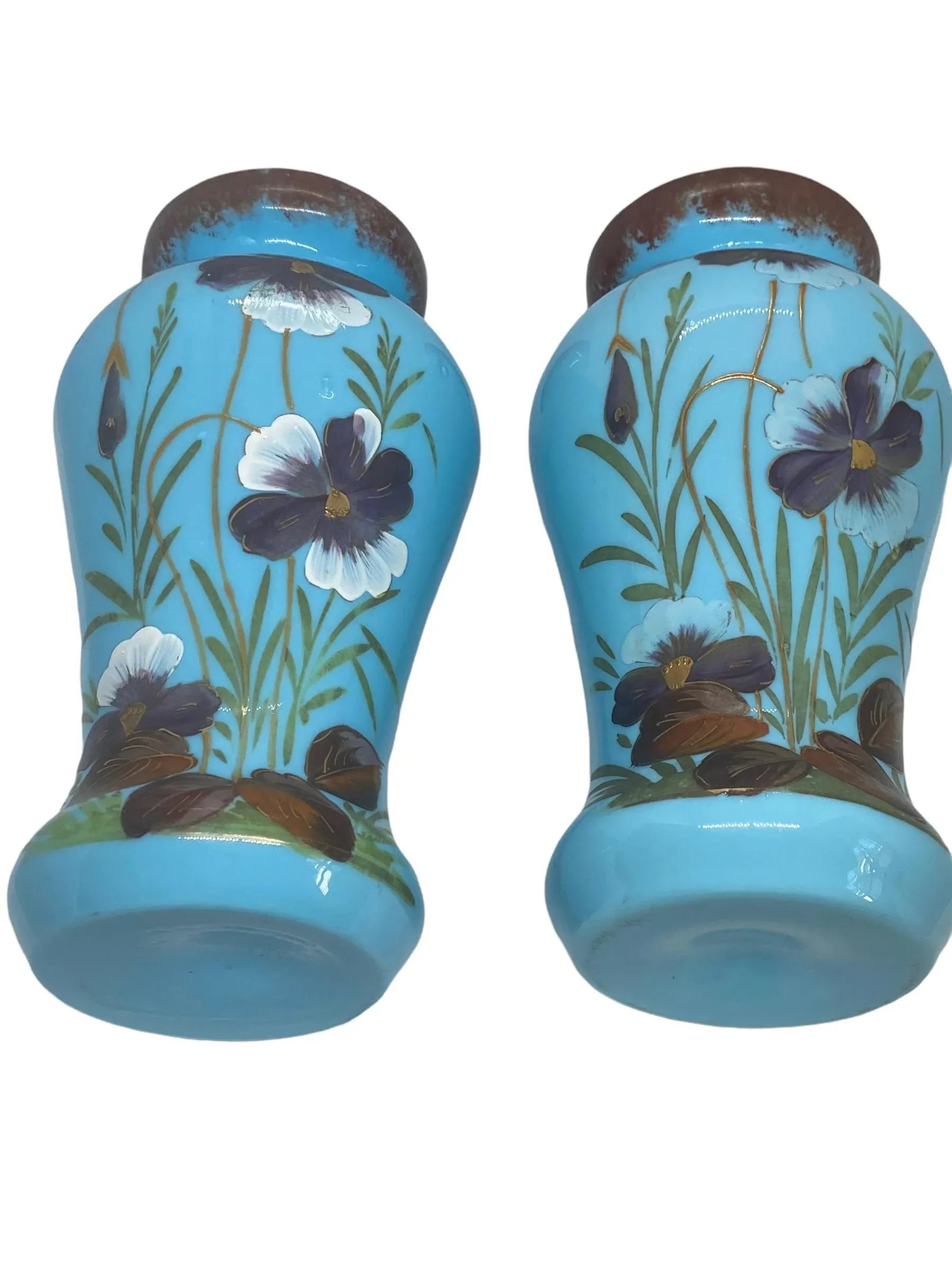 Late 19th Century Victorian Bristol Opaline Blue Glass Hand Painted Vases With Floral Design - a Pai - 10
