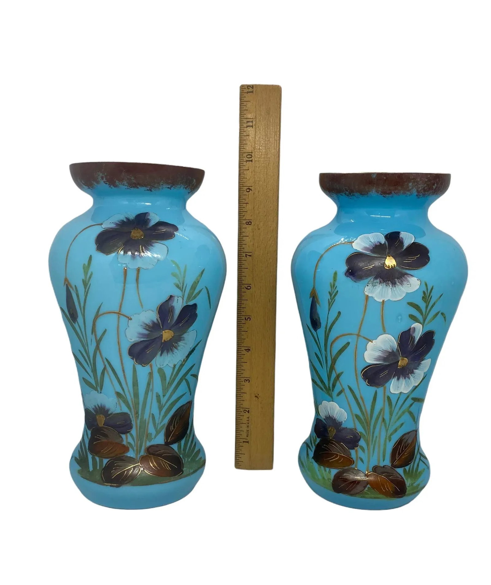 Late 19th Century Victorian Bristol Opaline Blue Glass Hand Painted Vases With Floral Design - a Pai - 11