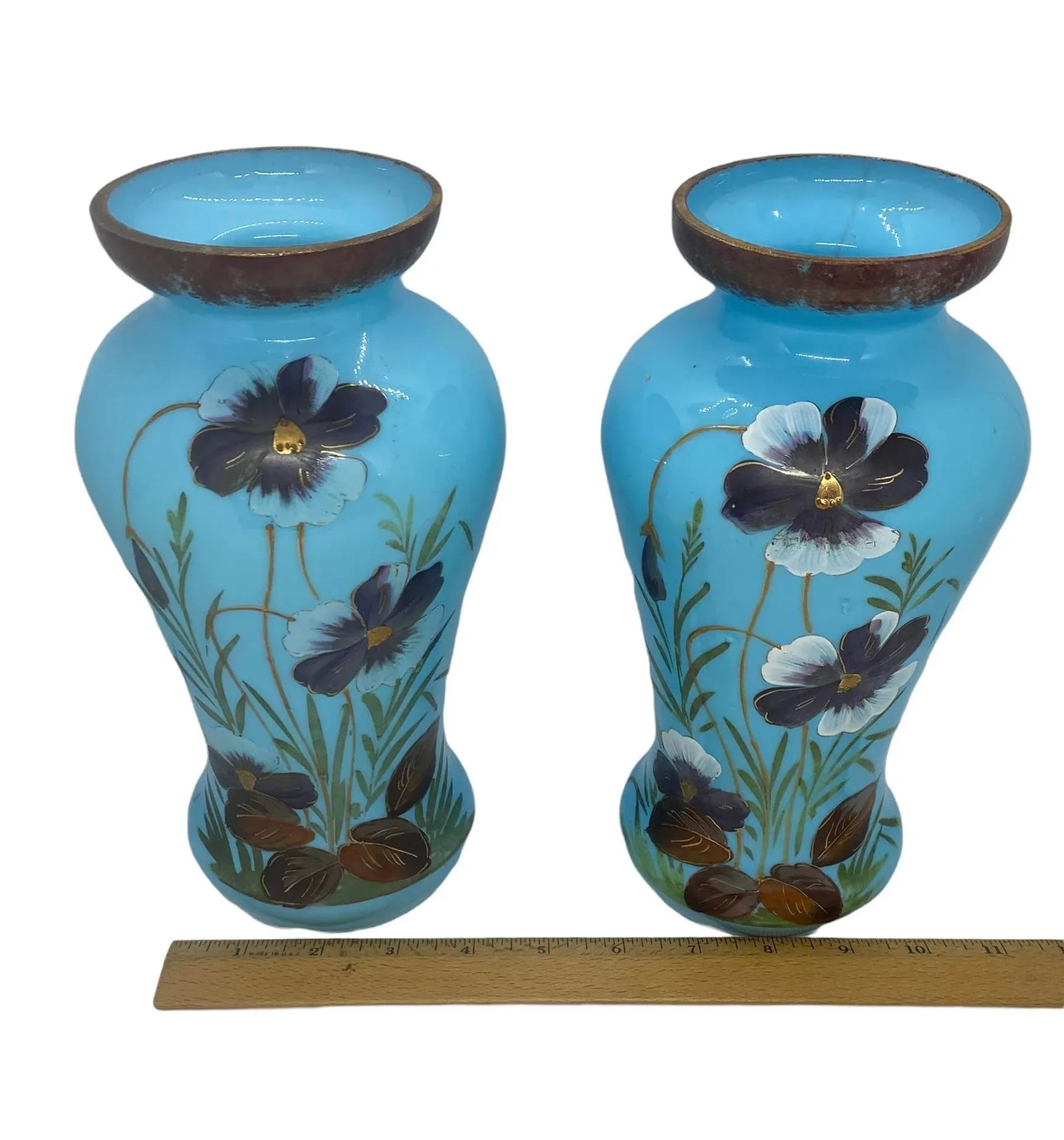 Late 19th Century Victorian Bristol Opaline Blue Glass Hand Painted Vases With Floral Design - a Pai - 12