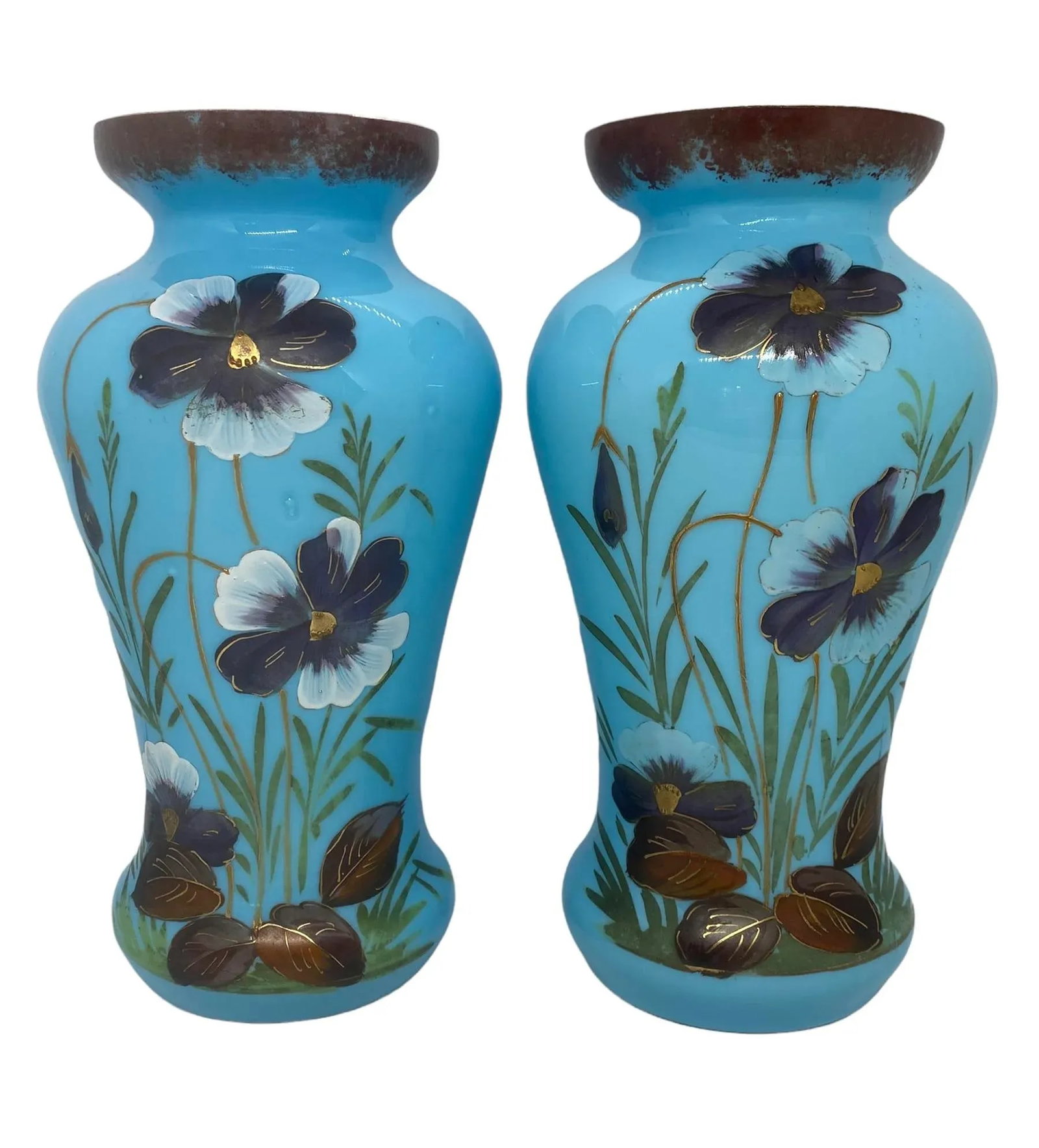 Late 19th Century Victorian Bristol Opaline Blue Glass Hand Painted Vases With Floral Design - a Pai - 13