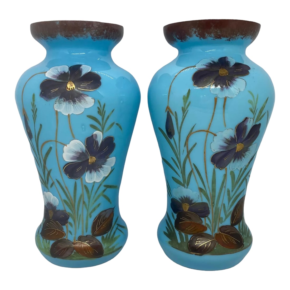 Late 19th Century Victorian Bristol Opaline Blue Glass Hand Painted Vases With Floral Design - a Pai: Beautiful pair of Late 19th Century Victorian Bristol Opaline Blue Glass Hand Painted Vases. Both Vases have a similar but not identical floral design. The Vases have blues, greens, yellows, whites,