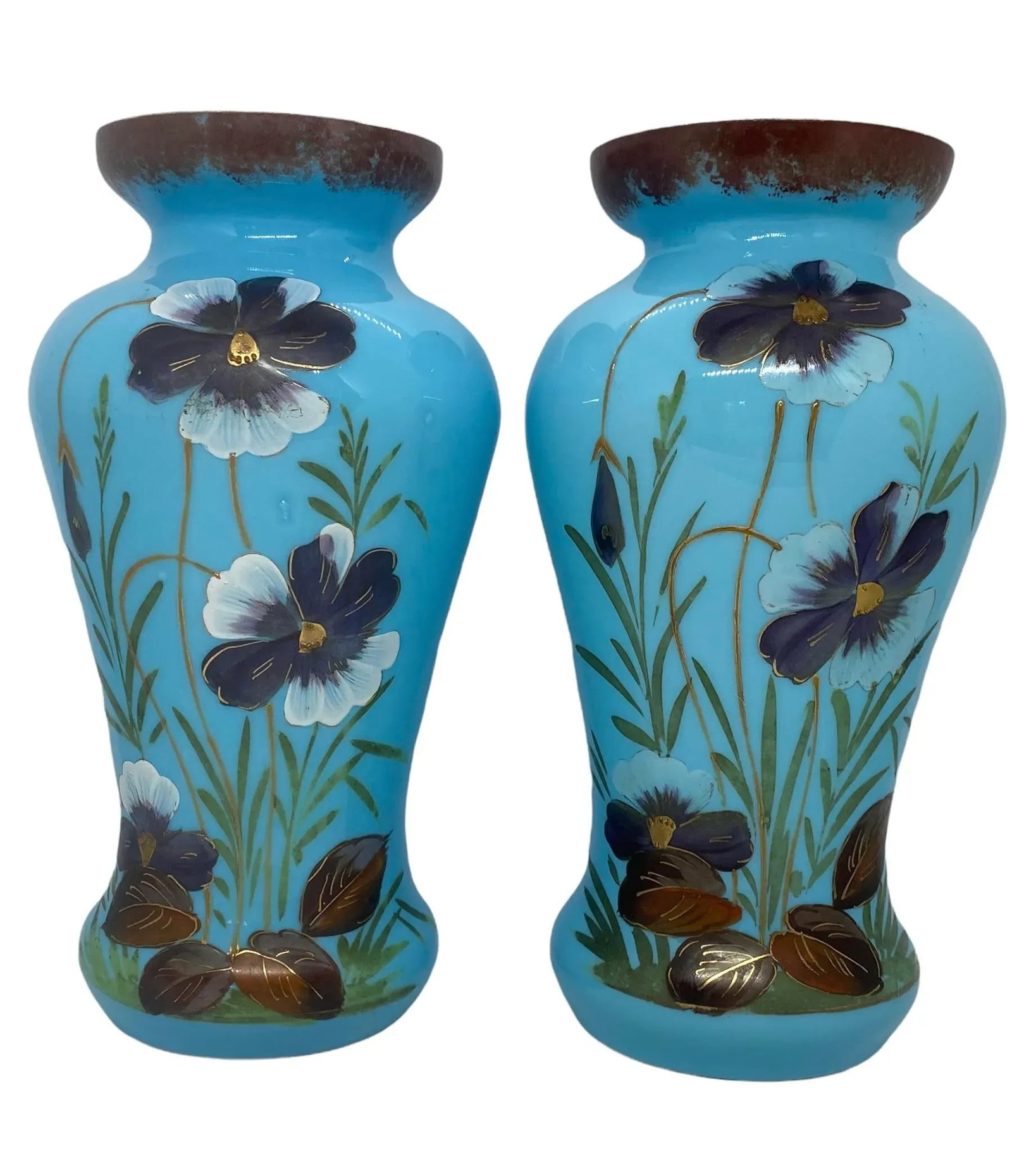 Late 19th Century Victorian Bristol Opaline Blue Glass Hand Painted Vases With Floral Design - a Pai - 2