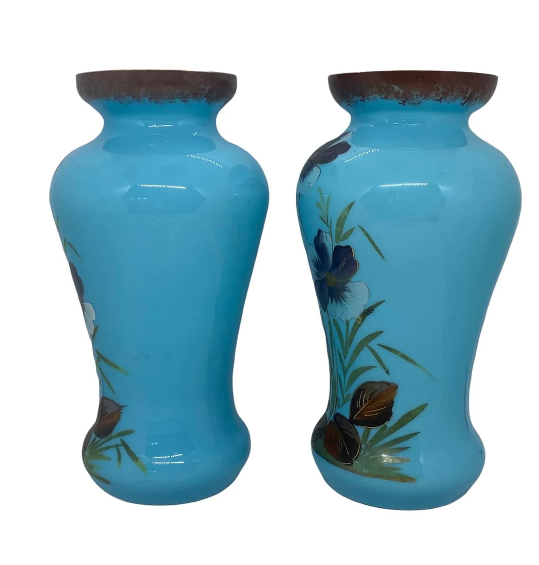 Late 19th Century Victorian Bristol Opaline Blue Glass Hand Painted Vases With Floral Design - a Pai - 3