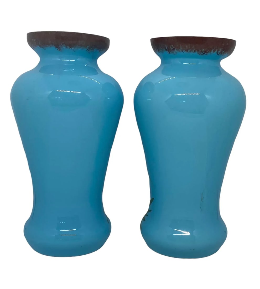 Late 19th Century Victorian Bristol Opaline Blue Glass Hand Painted Vases With Floral Design - a Pai - 4