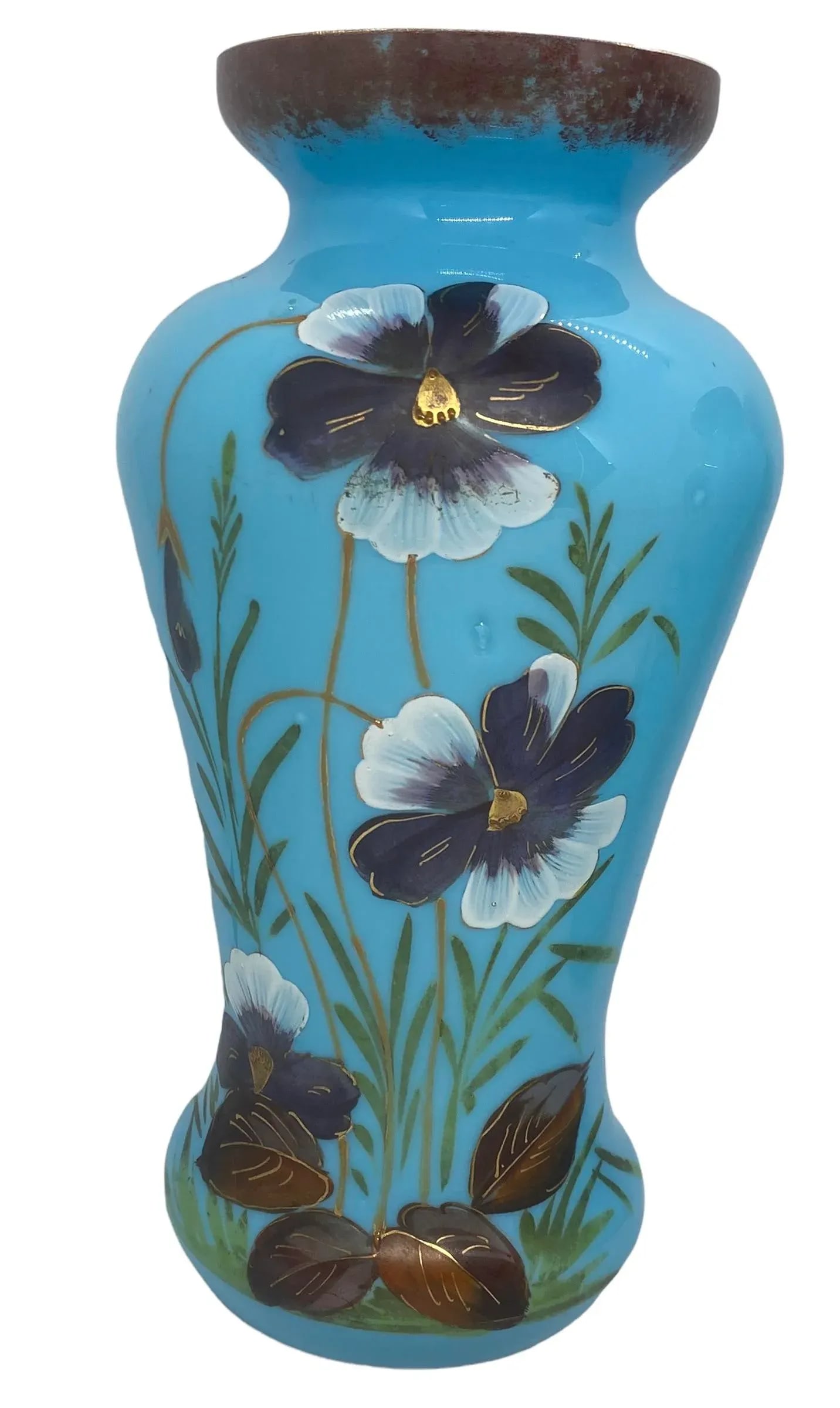 Late 19th Century Victorian Bristol Opaline Blue Glass Hand Painted Vases With Floral Design - a Pai - 5