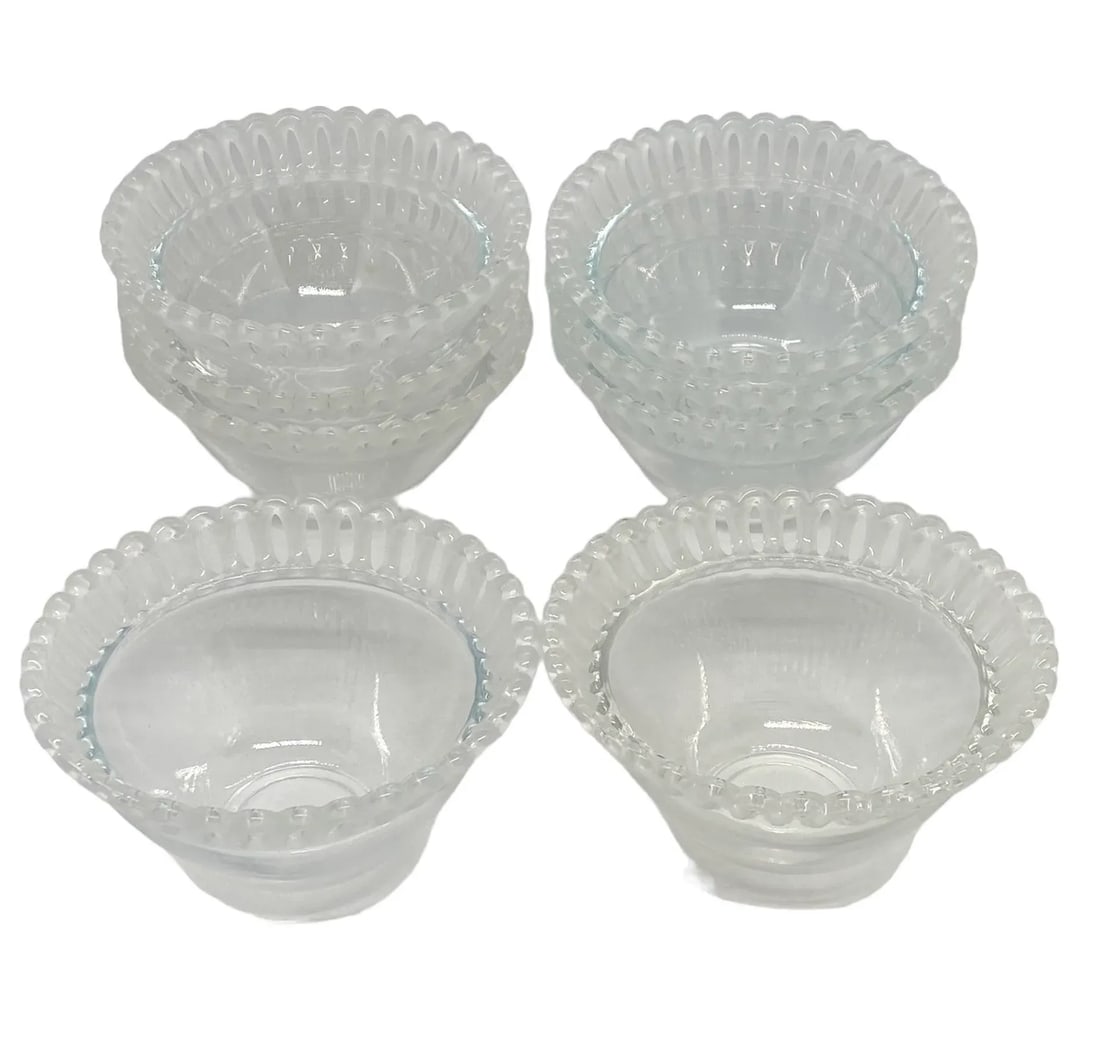 Mid 20th Century "Lalique-Style"Glass Dessert Fruit Bowls With Frosted Reticulated Rims - Set of 8 - 13
