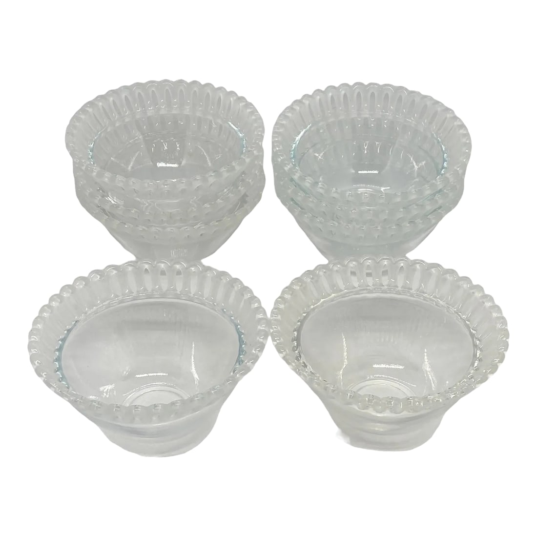 Mid 20th Century "Lalique-Style"Glass Dessert Fruit Bowls With Frosted Reticulated Rims - Set of 8: Mid 20th Century "Lalique-Style" Glass Dessert Fruit Bowls With Frosted Reticulated Rims - Set of 8. This is a beautiful set of bowls in excellent condition. No significant imperfections such as
