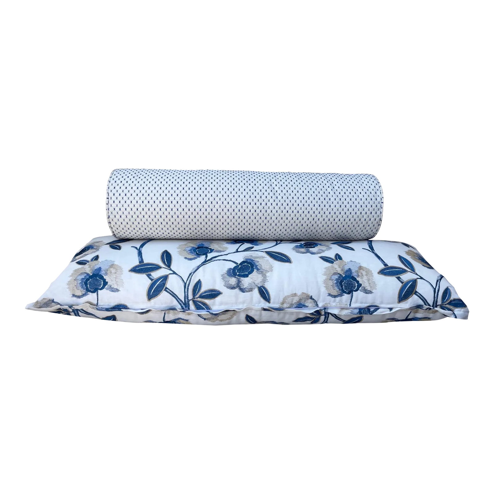 Contemporary Blue Floral & Check Print Extra Long Lumbar Decorative Pillows- Set of 2: Pair of Custom Floral & Check Print Lumbar Pillows in Blues, Ivory and Tan. Embroidered floral pillow with a round pillow with small squares with dots. Both pillows are in the same blue and tan color