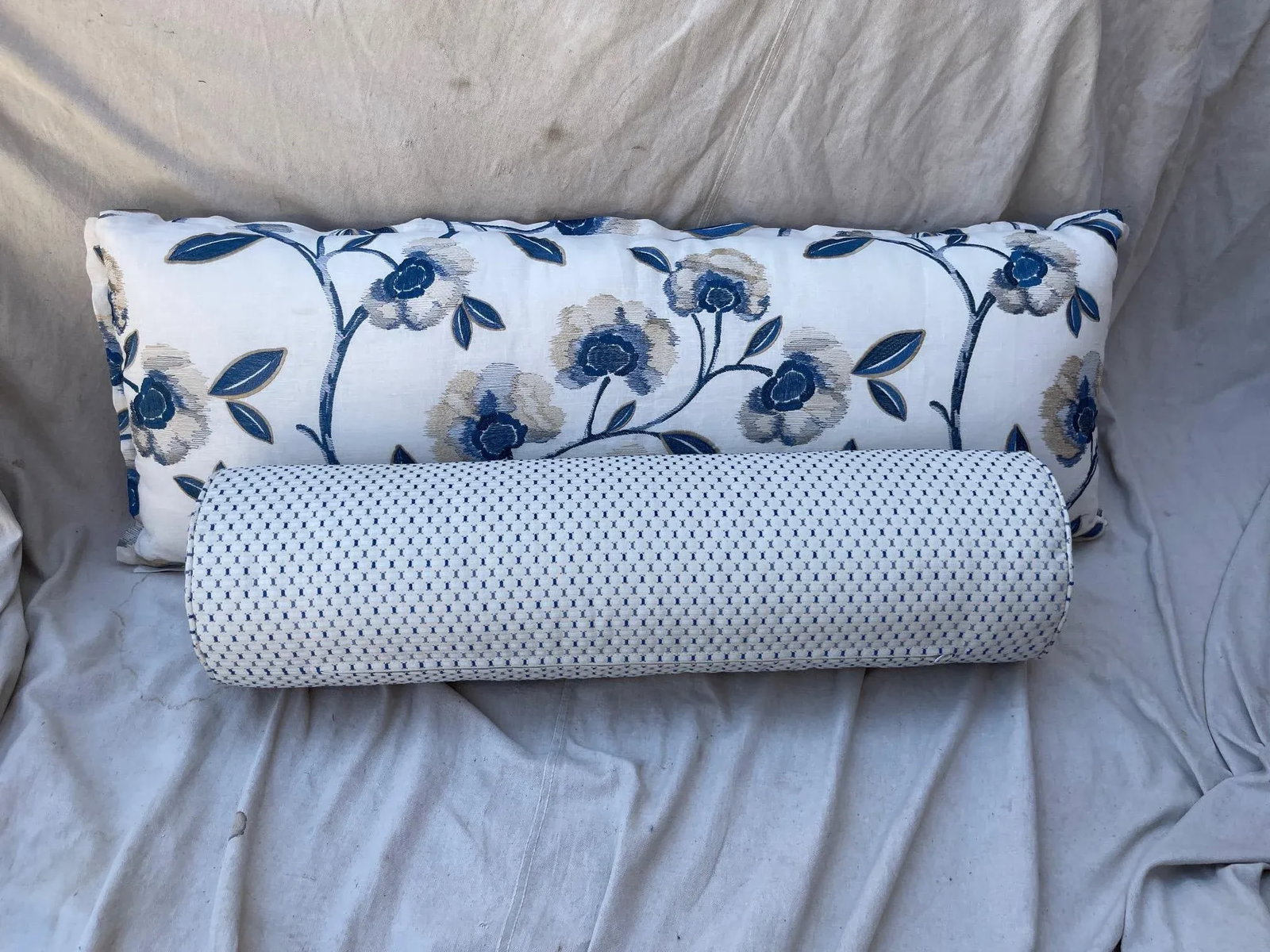 Contemporary Blue Floral & Check Print Extra Long Lumbar Decorative Pillows- Set of 2 - 6