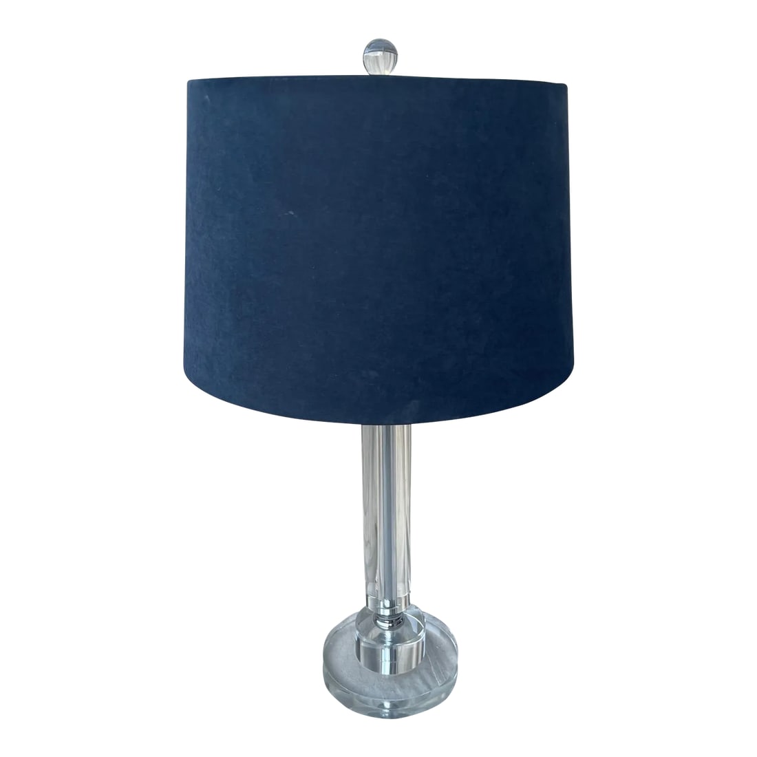 Modern Lucite Cylinder Table Lamp W/Blue Shade: Beautiful Lucite Cylinder Lamp with a Blue Suede or Microfiber Shade. Lucite ball finial. Great for the modern home or office. 25in h to finial 18.5in h x 6in base and 2in cylinder Shade 9in x 14in ro