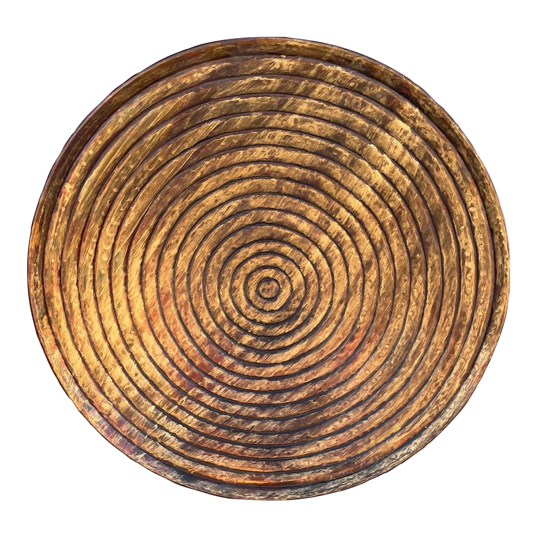 Large Copper Patina Wall Disk: Extra Large Copper Patina Wall Disk, with ribbed design. Made in India Perfect against a wall on top of a entry table with candles and orchids against it. 28in round Condition: Alterations: Original C