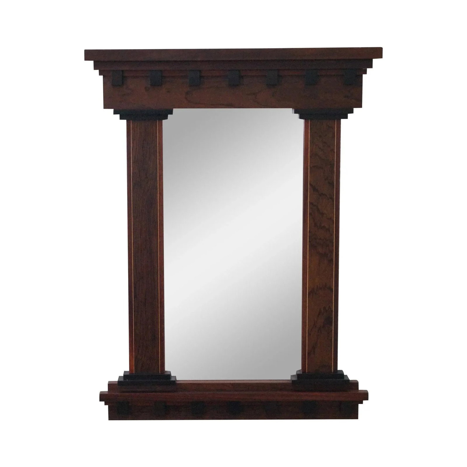 Mixed Wood Hanging Wall Mirror by Artscape: High quality, hand crafted mixed wood wall mirror by, 'Artscape'. The seller believes this piece to be approximately 25 years old, and from America. Offers a studio style. It is in clean vintage condi