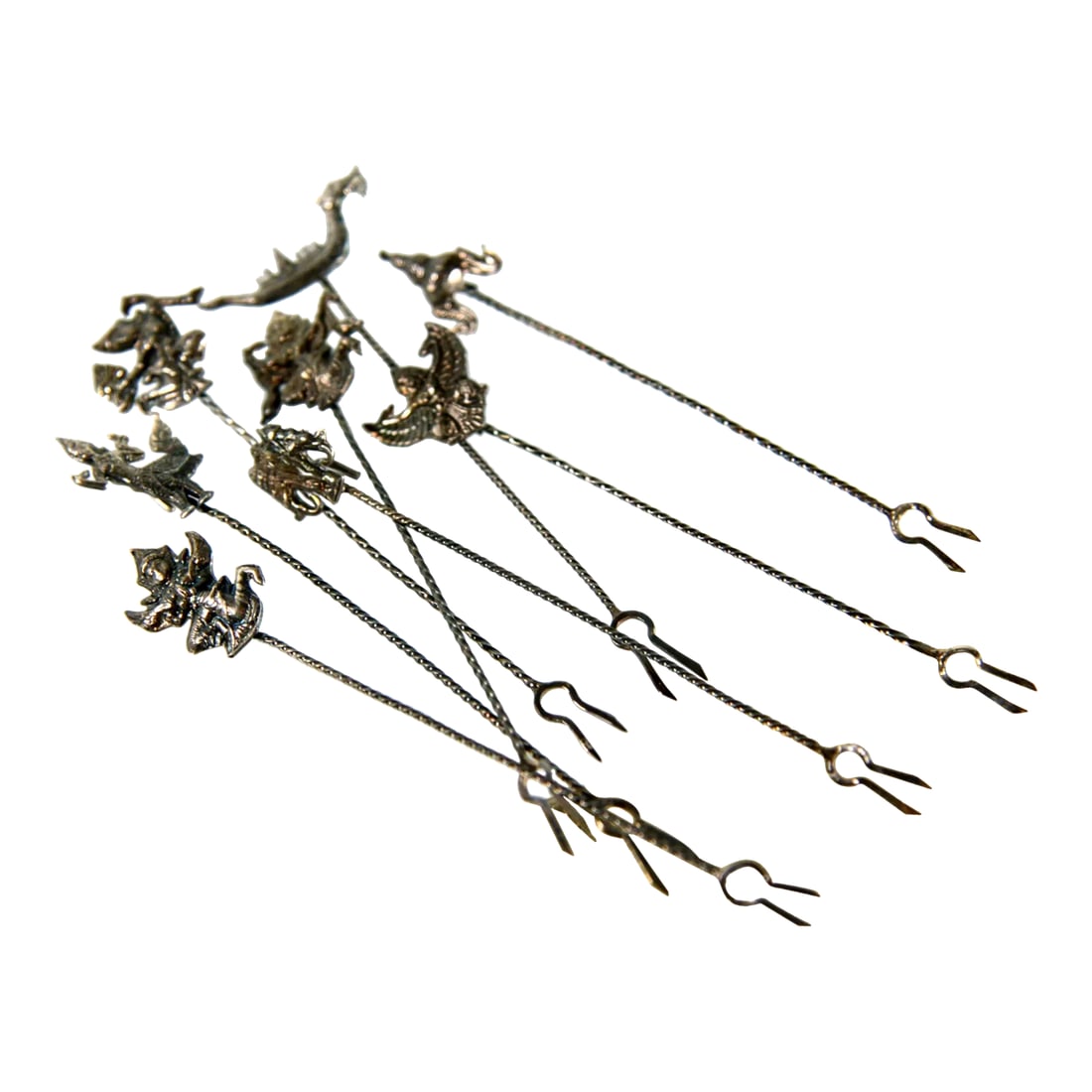 Sterling Silver Thai Buddhist Cocktail Forks / Hors d'Oeuvre Picks - Set of 8: Fabulous set of 8 vintage c.1950's sterling silver cocktail picks with various Thai and Buddhist forms on them, all amazingly detailed and just beautiful! They measure approx. 3 1/2" in length each