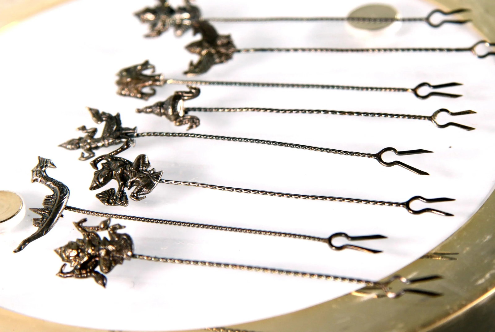Sterling Silver Thai Buddhist Cocktail Forks / Hors d'Oeuvre Picks - Set of 8 - 6