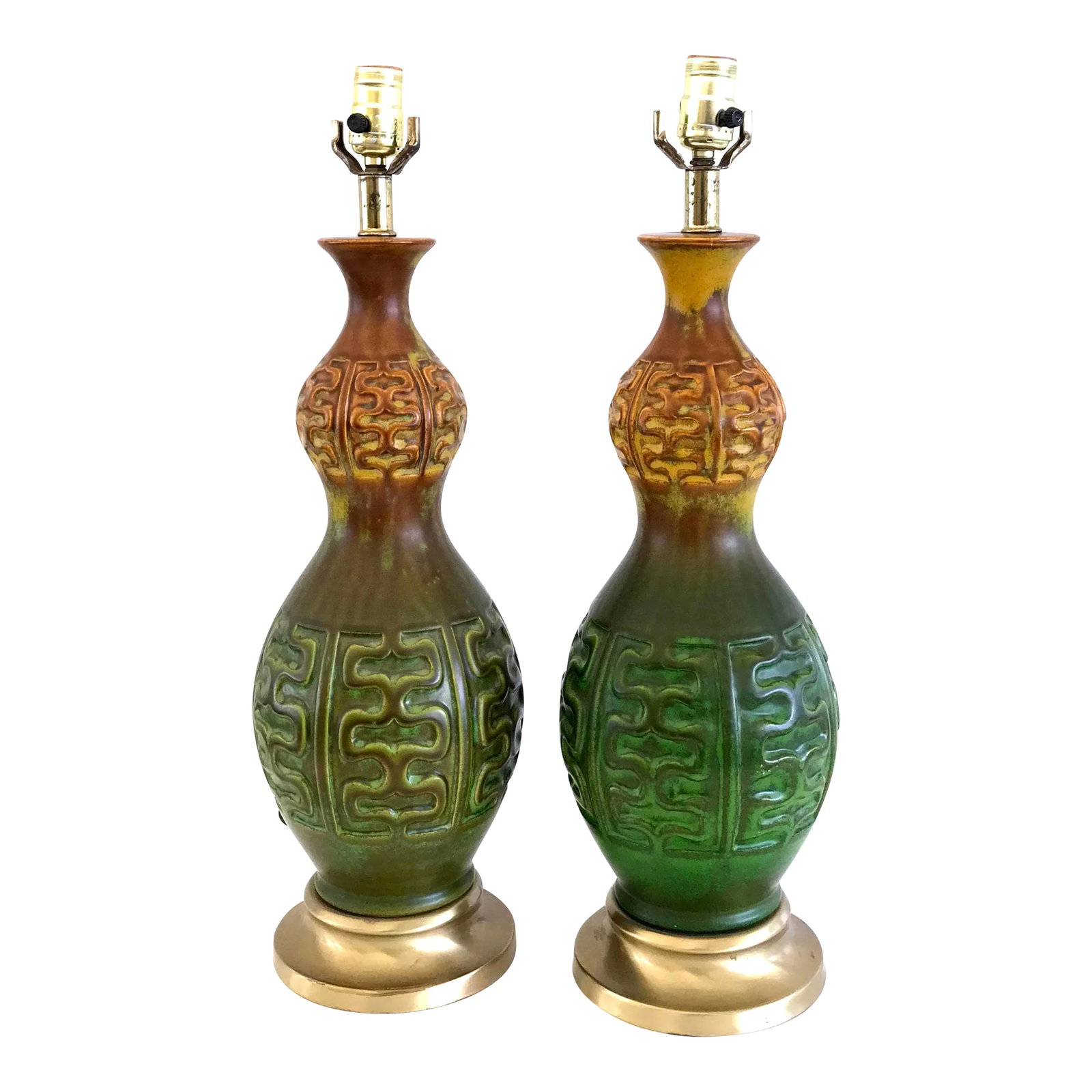 Mid Century Modern Green & Amber Ceramic Table Lamps - a Pair: Beautiful pair of vintage mid century modern ceramic table lamps! Great texture and color, with a very tactile matte glaze! They measure 24 1/2" tall to the top of the socket, 20" tall to the top of t