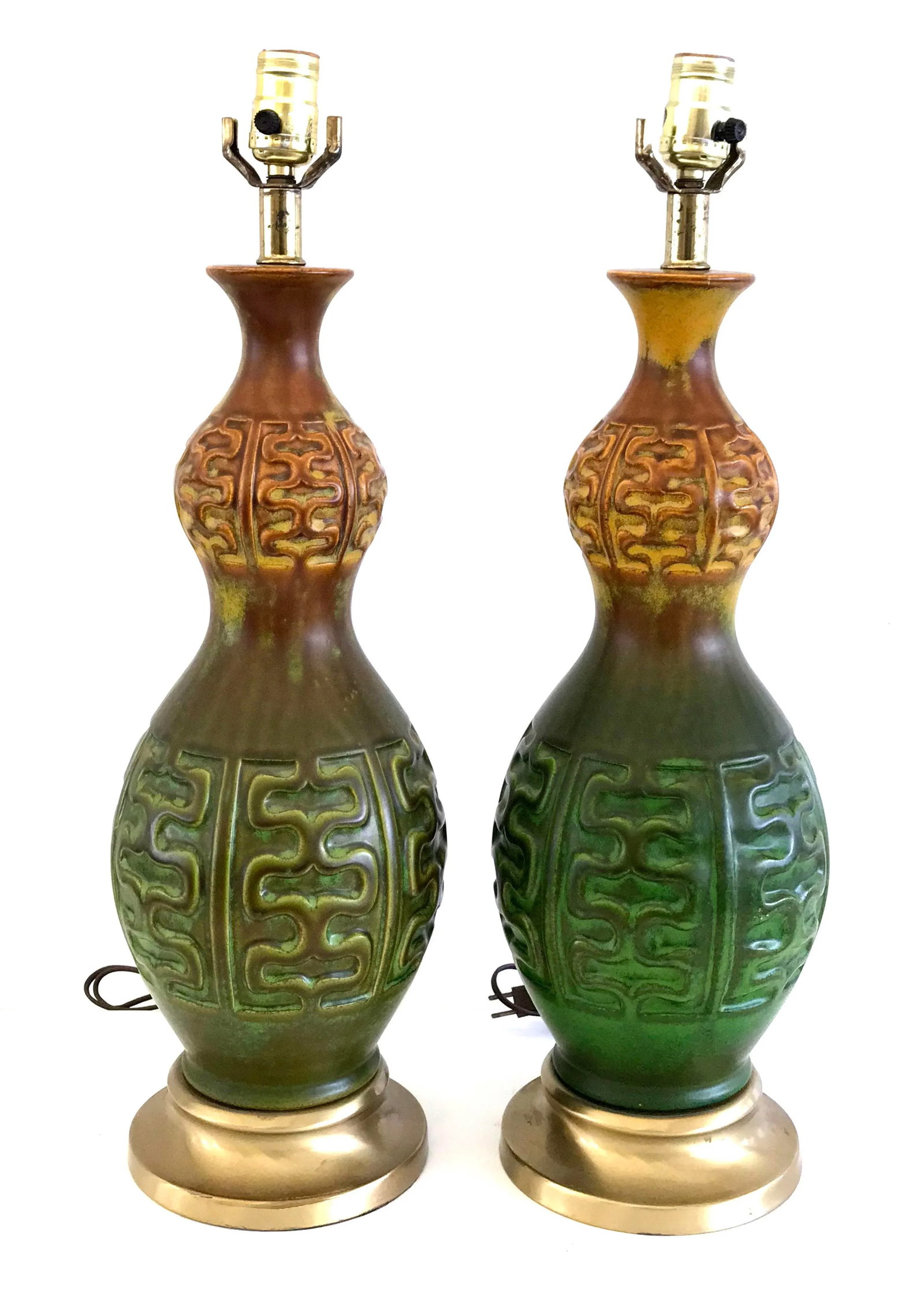 Mid Century Modern Green & Amber Ceramic Table Lamps - a Pair - 4