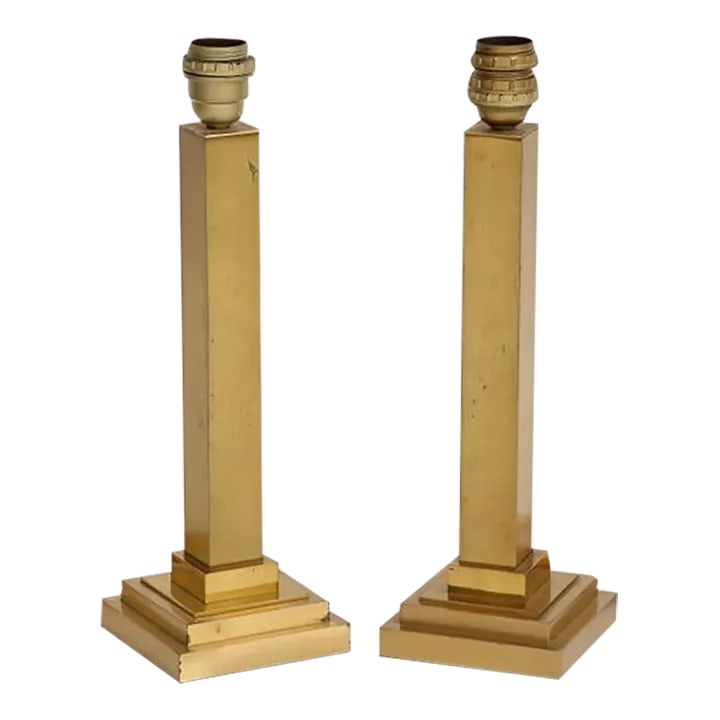 Pair of Belgian Brass Table Lamps: Pair of vintage Belgian brass table lamps, rectangular/square shaped column and base. Rewired for USA in 2022. *no shades Condition: Alterations: Original Design Modified Imperfections: Some
