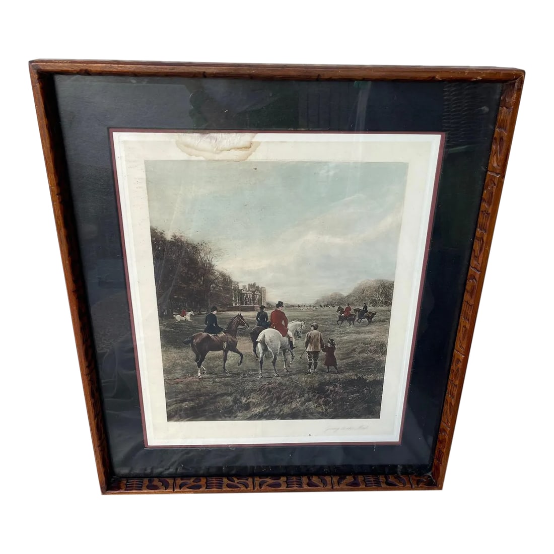 Antique Heywood Hardy Hand Colored Engraving Titled aEURoe Going to the Meet aEURoe: Late 19th century Heywood Hardy hand colored engraving titled " Going to the Meet " featuring men and women on horses with the dogs ready to go hunting. Hand carved wood frame with 3in black matting o