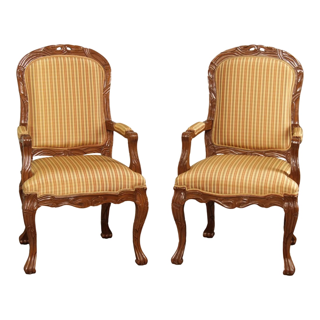 Early 21st Century Italmond Furniture French Louis XV Style Fauteuil Armchairs - A Pair: High Quality Pair of Custom Upholstered Carved Wood Frame Armchairs Condition: Alterations: Original Condition Unaltered Imperfections: Some Imperfections Condition Notes: Clean vintage condition.