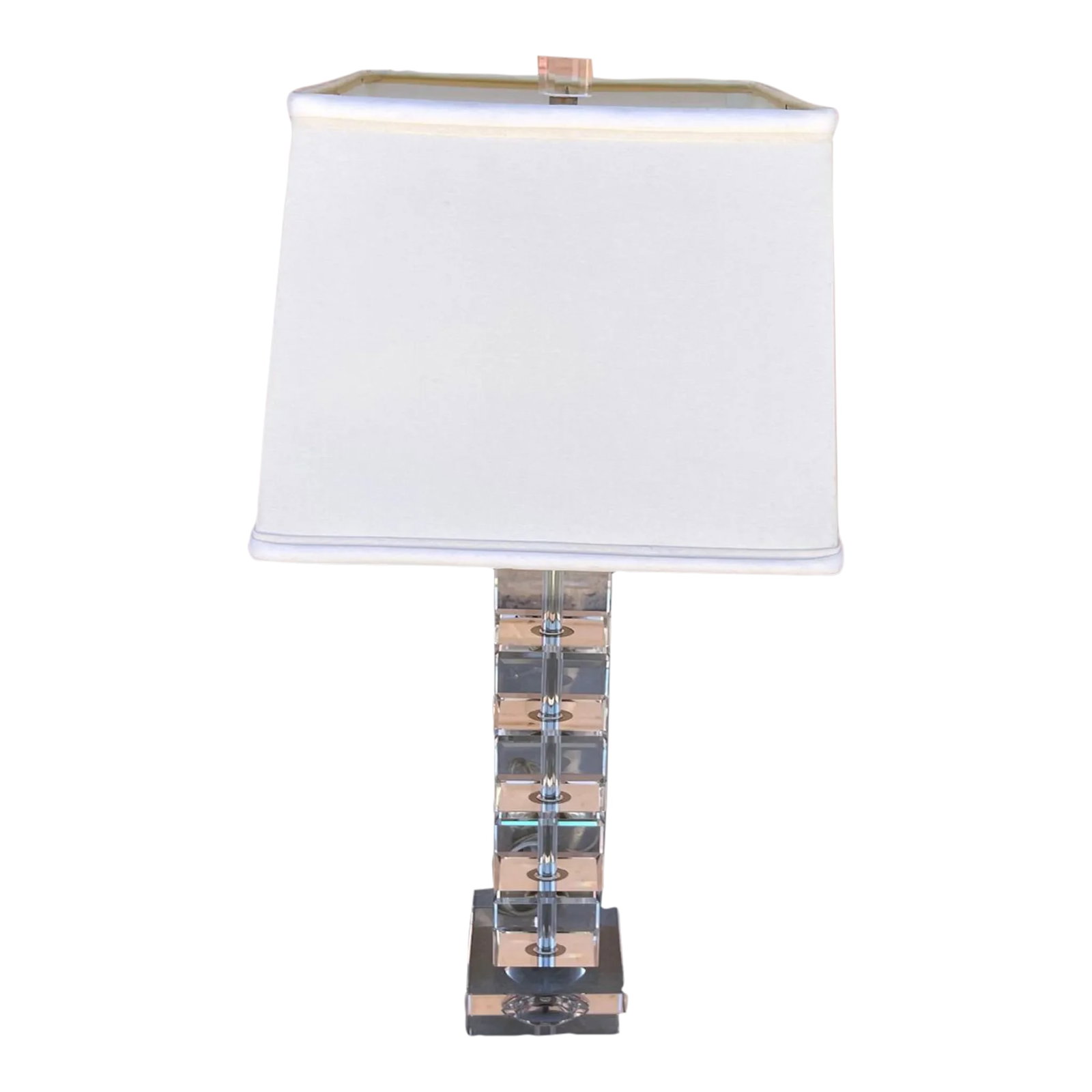 Crystal Cubed Stacked Table Lamp W/Shade: Visual Comfort style crystal stacked cubed table lamp with shade and crystal finial. Perfect for a modern space, office etc. Very heavy. 19.5in h to socket 25in h to finial 4.5in base, 3in w cubes