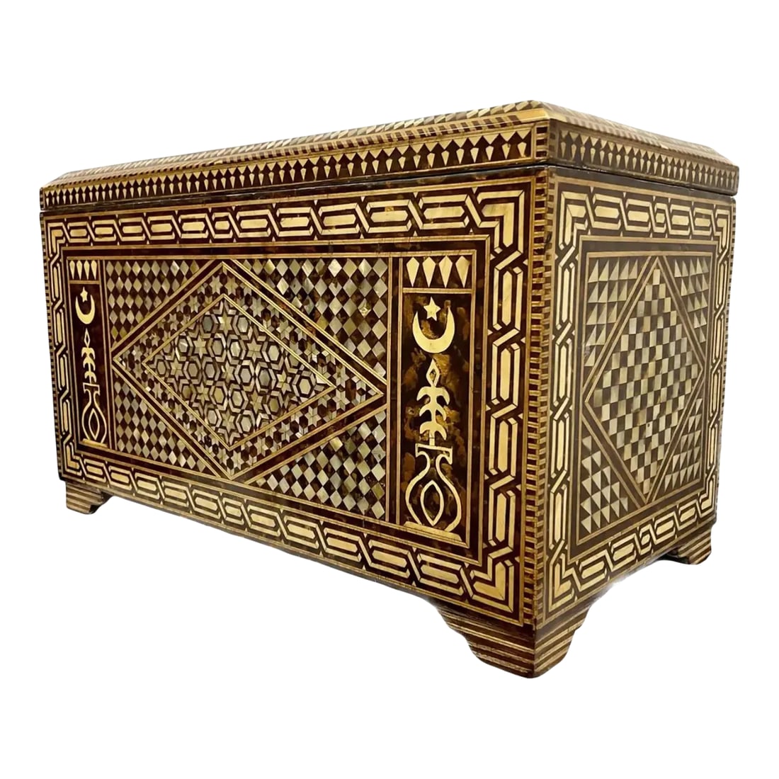 Large Middle Eastern Moorish Turkish Mother-Of-Pearl Inlaid Chest: A large Turkish mother-of-pearl inlaid chest inlaid throughout to show foliate scrolls and geometric forms, raised on four legs. From the 16th century onwards the dominant influences in Islamic woodwo
