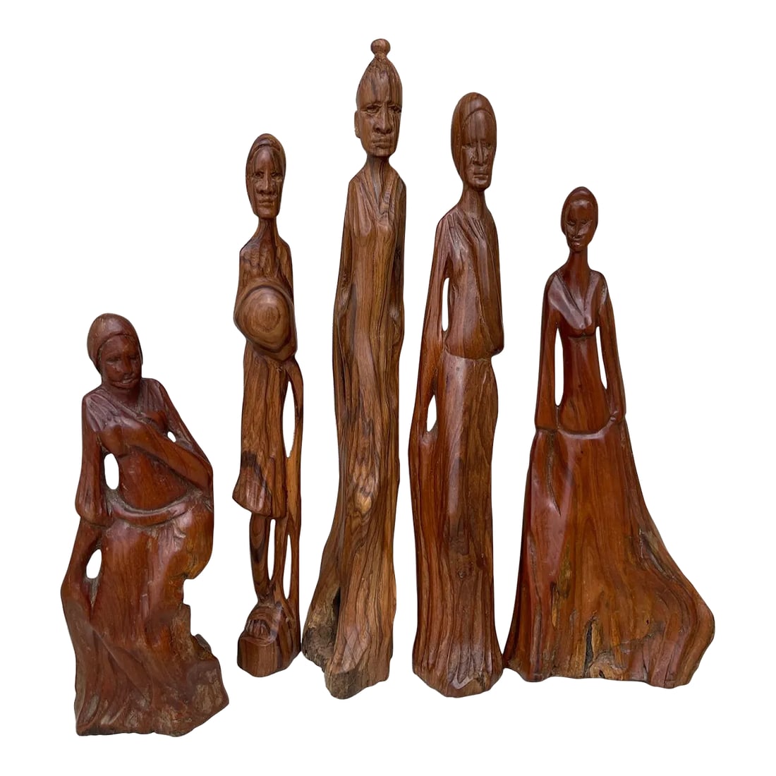 Hand Carved Set of Wood Figures: Vintage Hand Carved set of Wood Figures. Great for display on the bookshelf. set includes 5 in all sizes 1.5-3in w x 10.25in h to 6.5in h Tallest-10.25, 9.75, 9in, 8in, 6.5in Make sure to follow me,